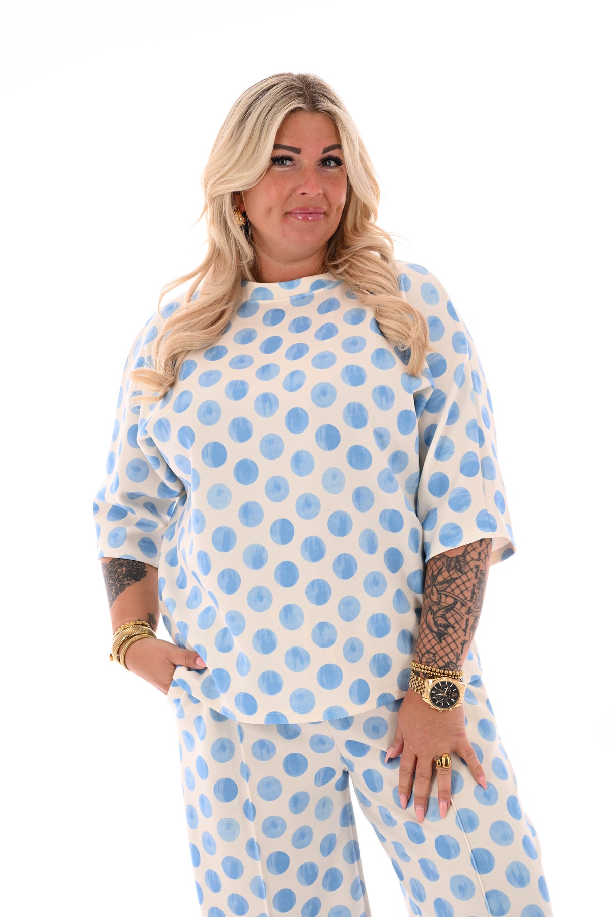 Tweedelig set korte mouwen dots lichtblauw