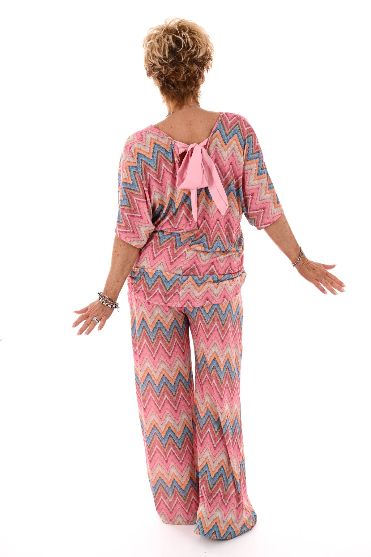 Tweedelig pak korte mouwen zigzag roze/turquoise