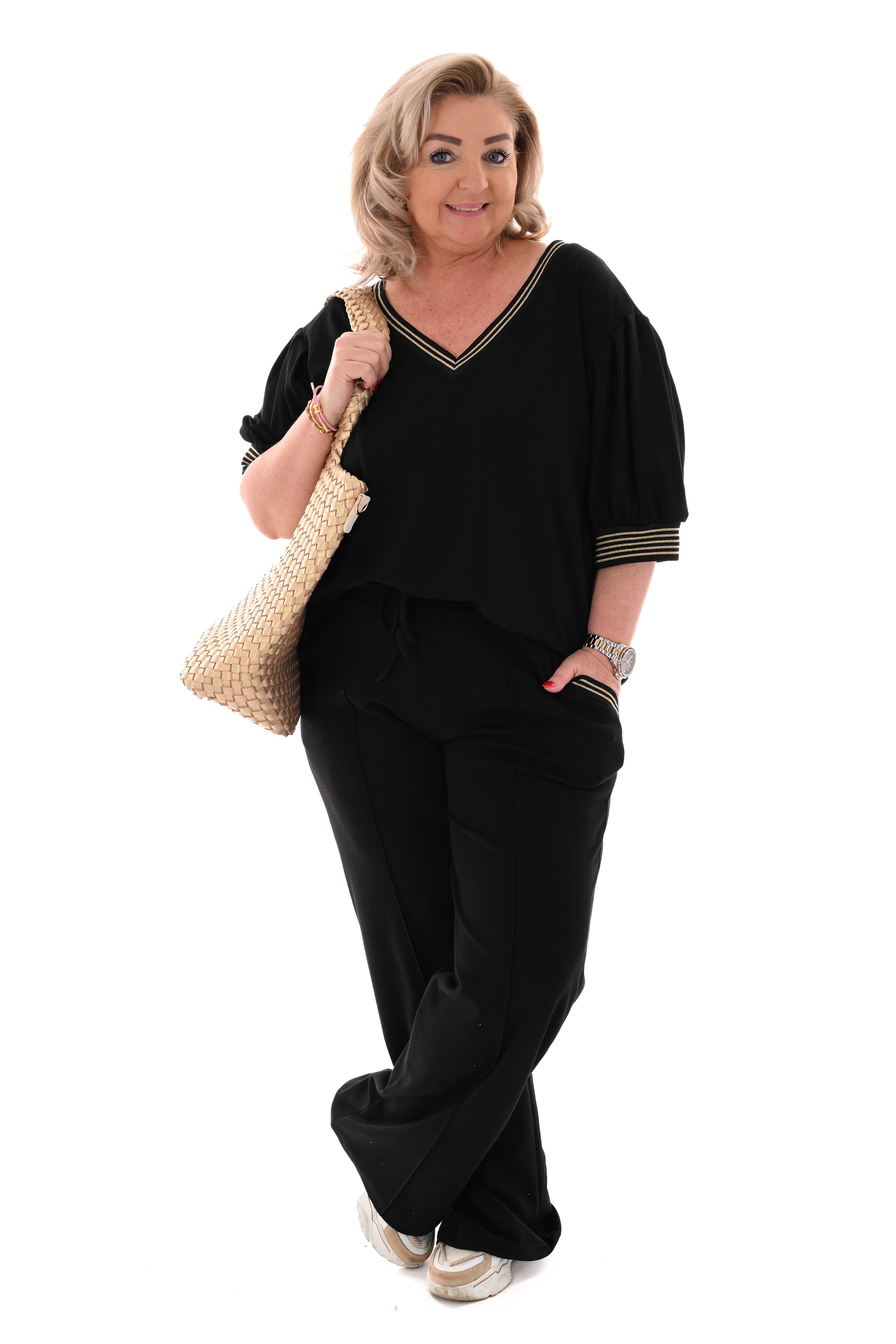 Tweedelig set korte pofmouwen glitterbies zwart