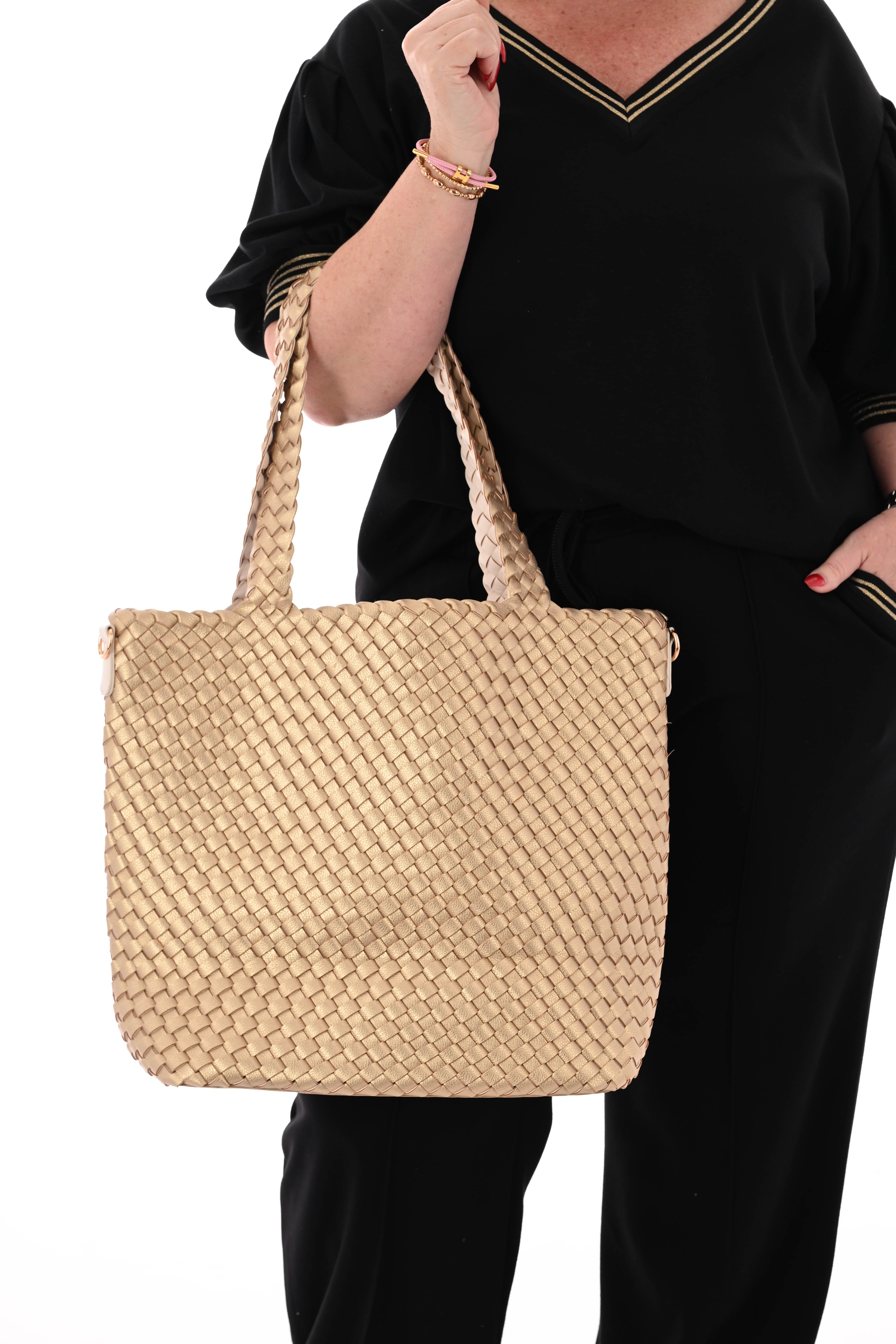 Tweedelig set korte pofmouwen glitterbies zwart