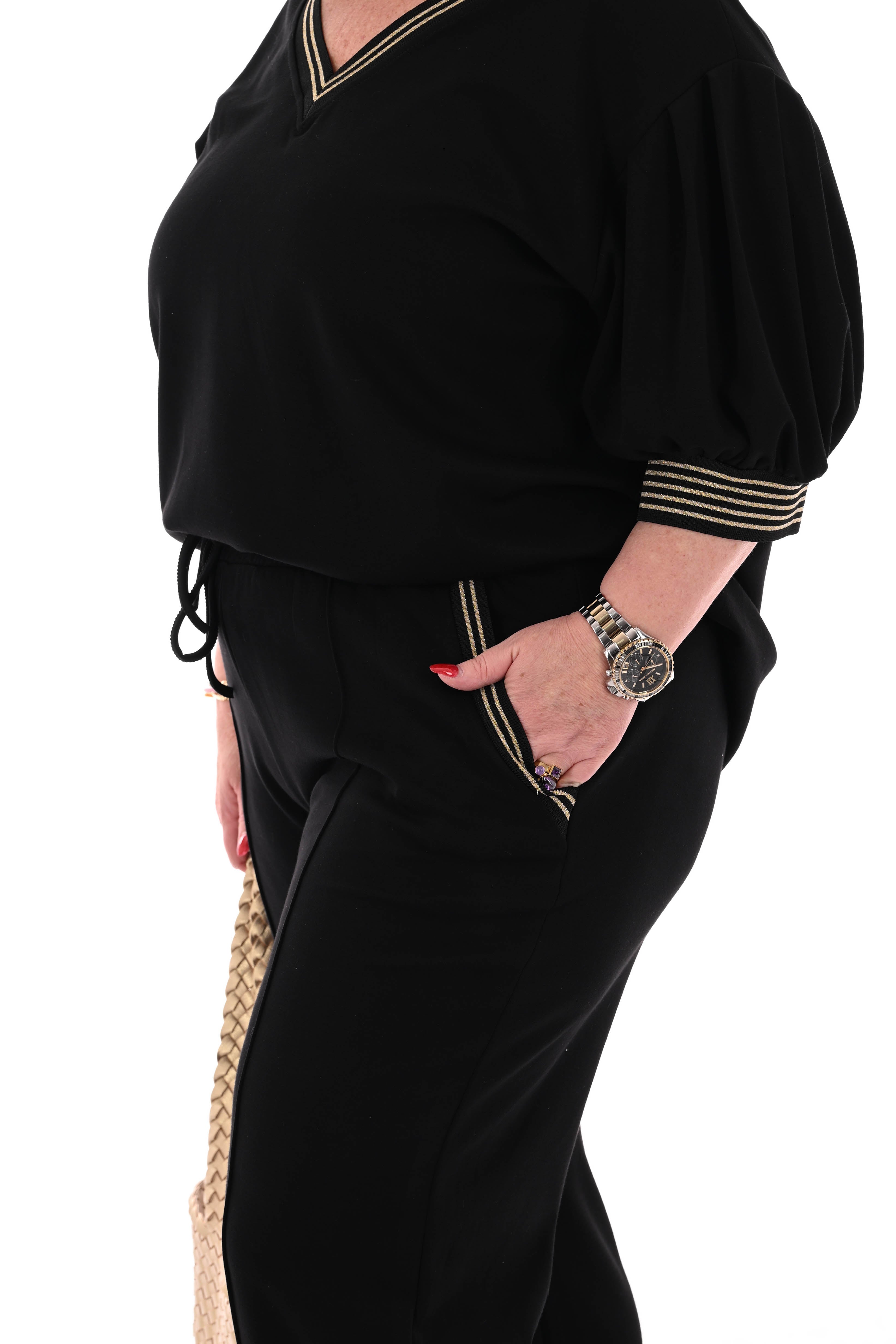 Tweedelig set korte pofmouwen glitterbies zwart