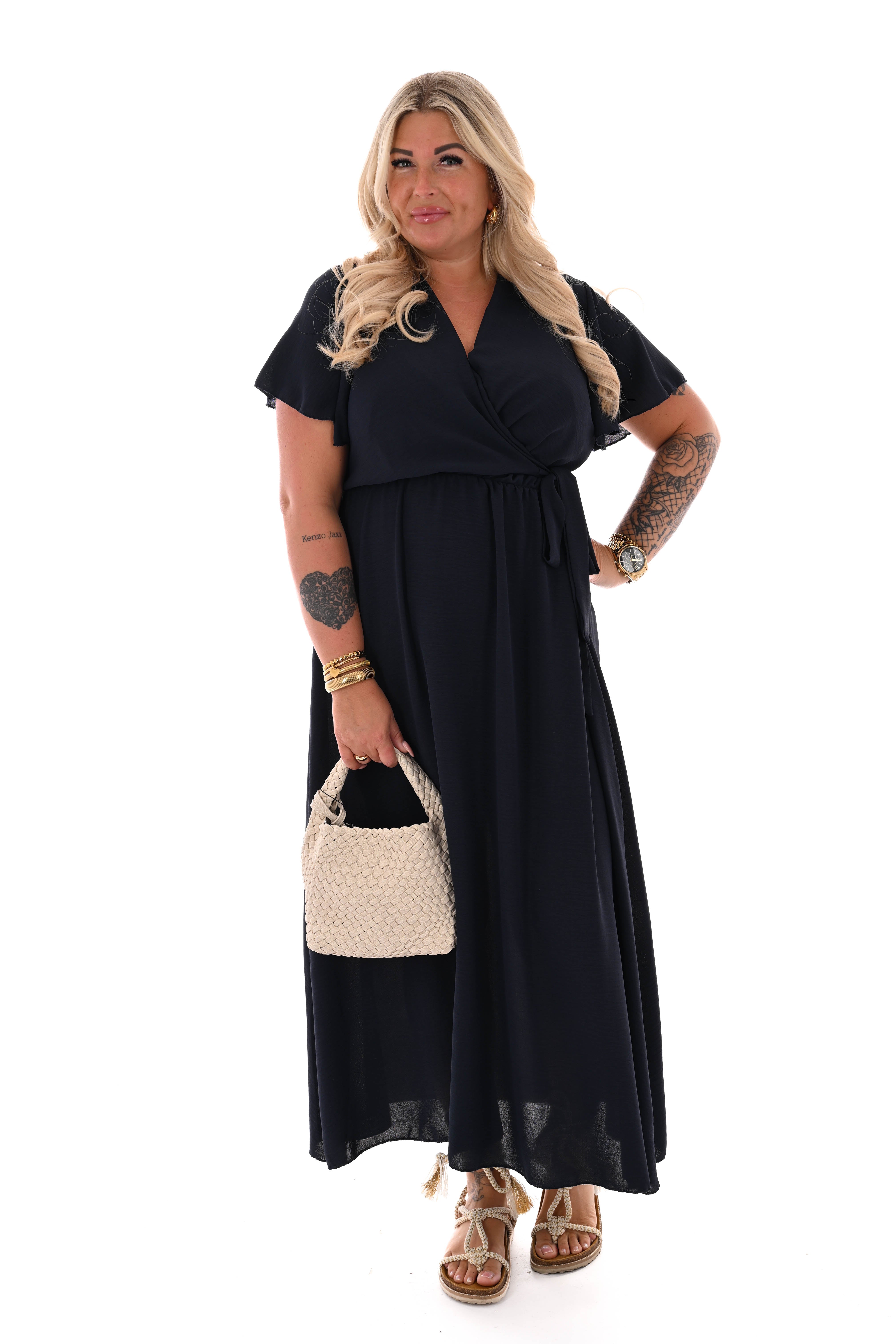 Maxi jurk korte mouwen strik uni marineblauw