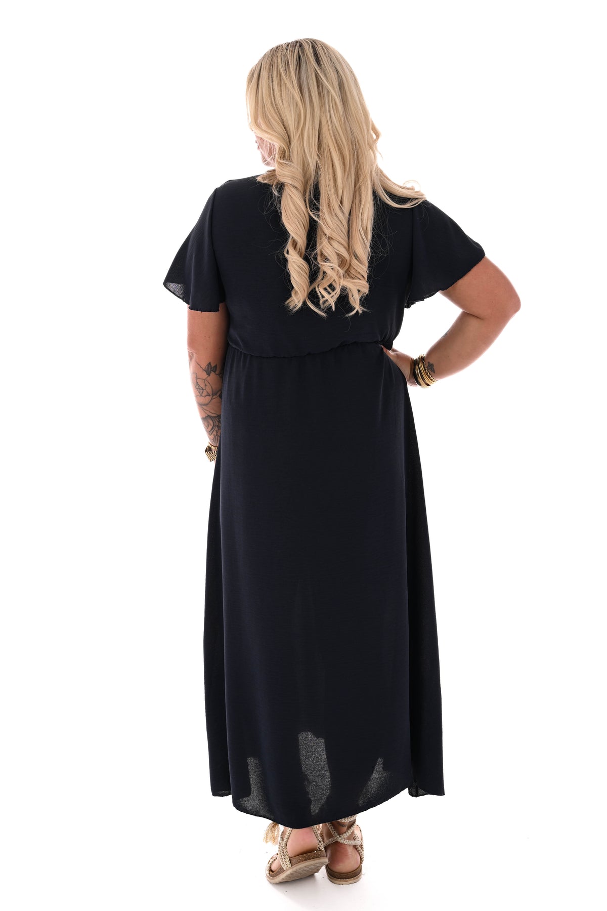 Maxi jurk korte mouwen strik uni marineblauw