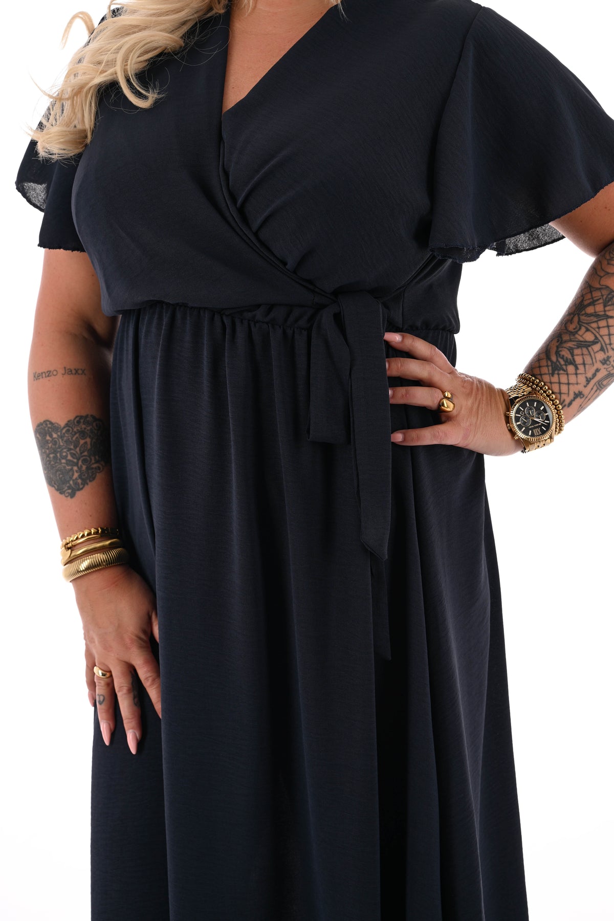 Maxi jurk korte mouwen strik uni marineblauw