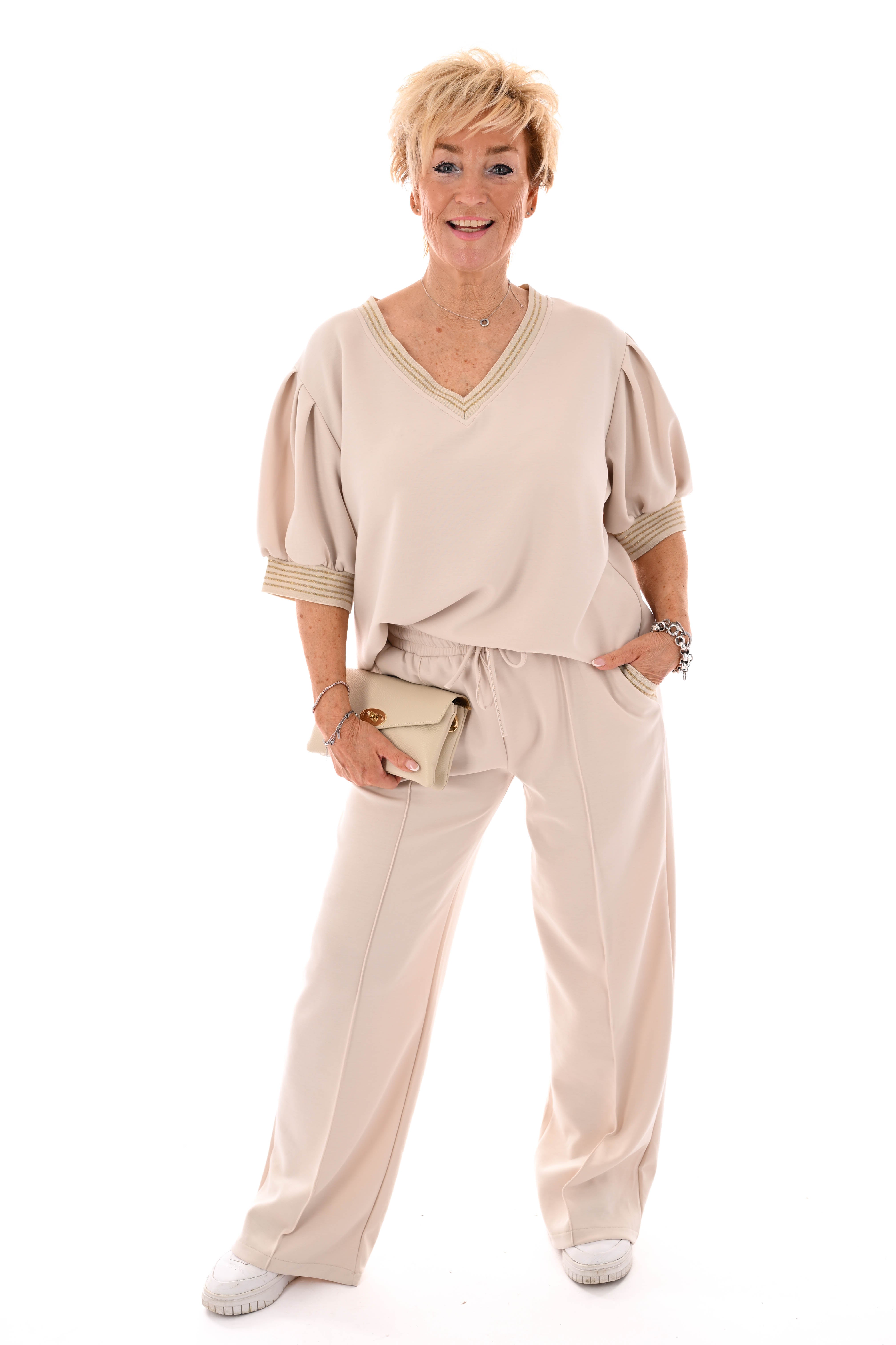 Tweedelig set korte pofmouwen glitterbies beige