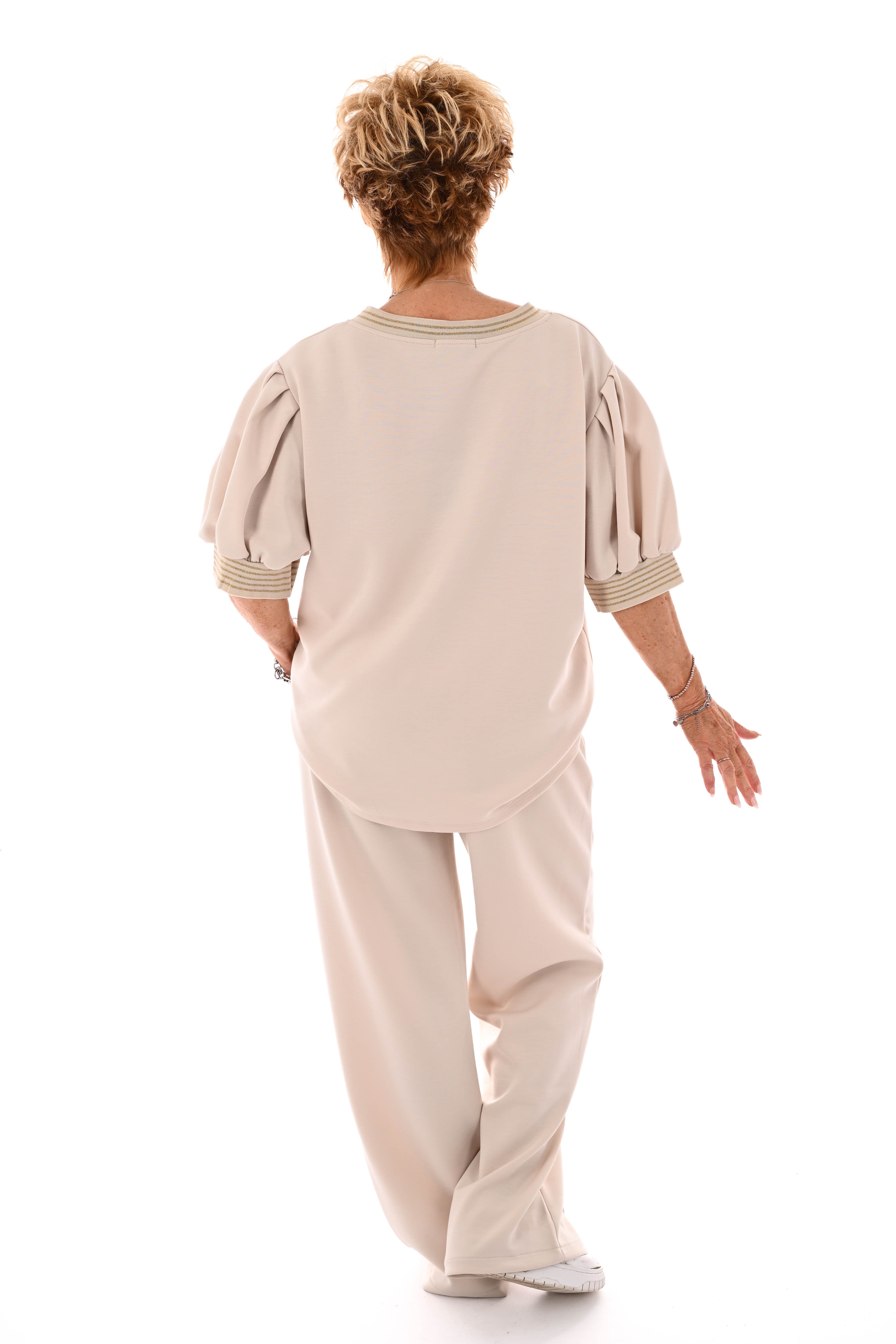 Tweedelig set korte pofmouwen glitterbies beige