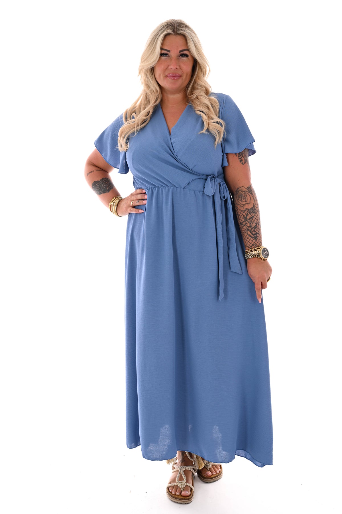 Maxi jurk korte mouwen strik uni jeansblauw