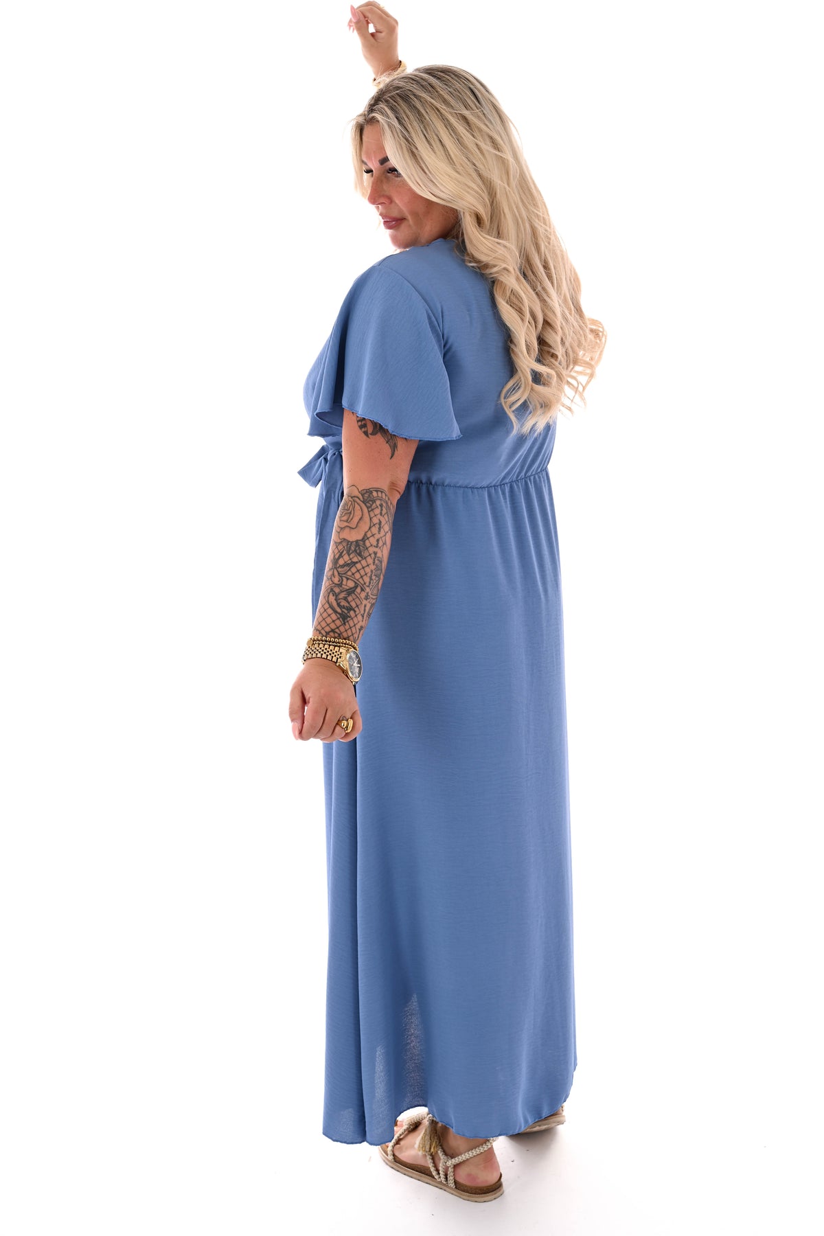 Maxi jurk korte mouwen strik uni jeansblauw