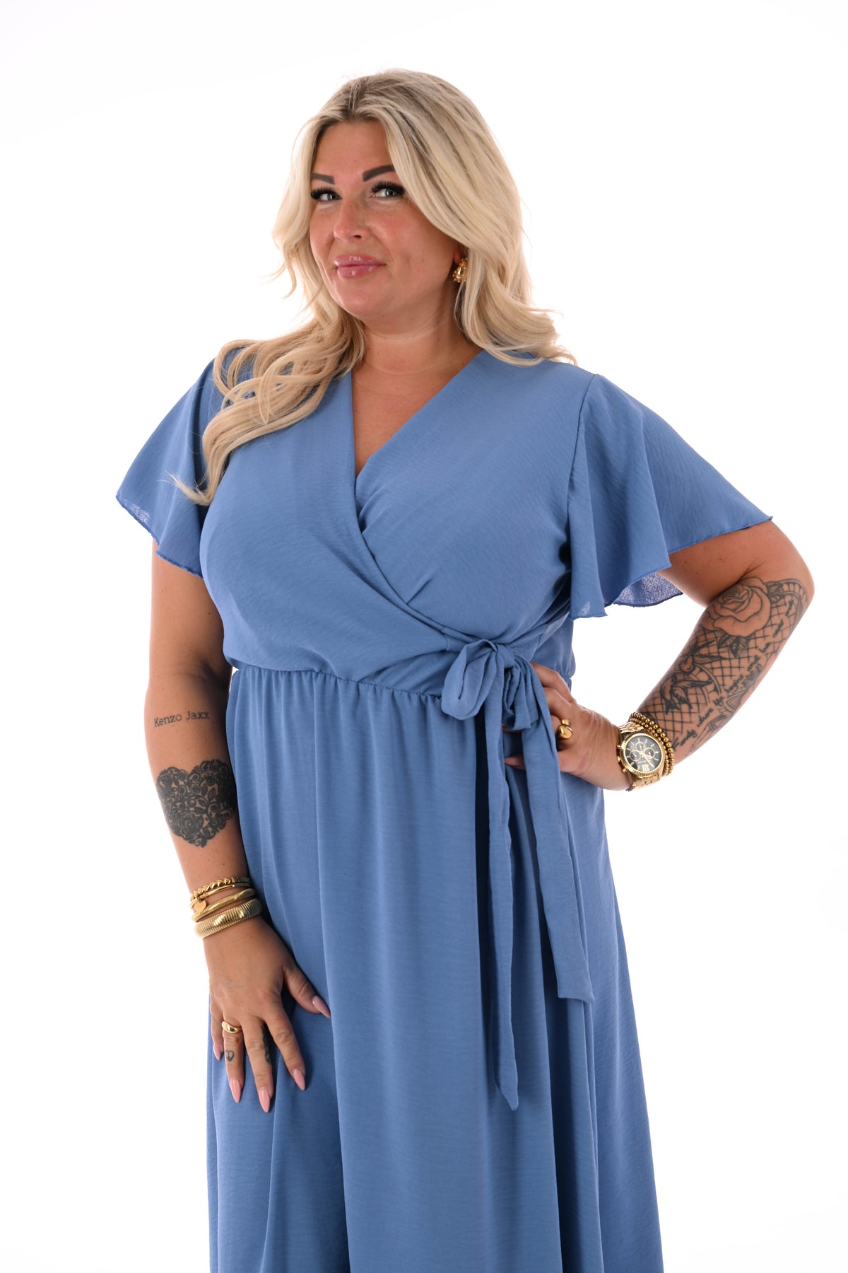 Maxi jurk korte mouwen strik uni jeansblauw