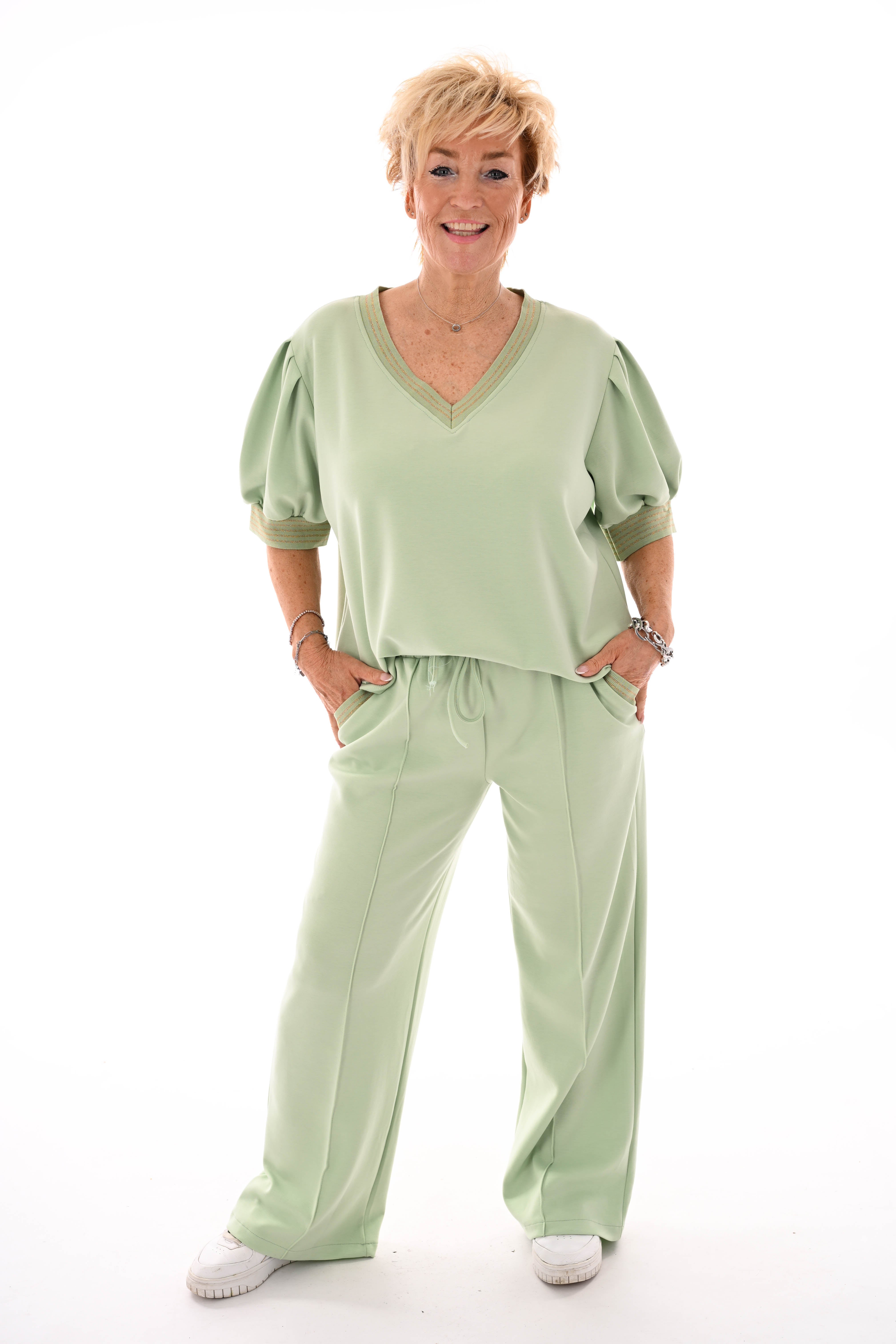 Tweedelig set korte pofmouwen glitterbies pistache