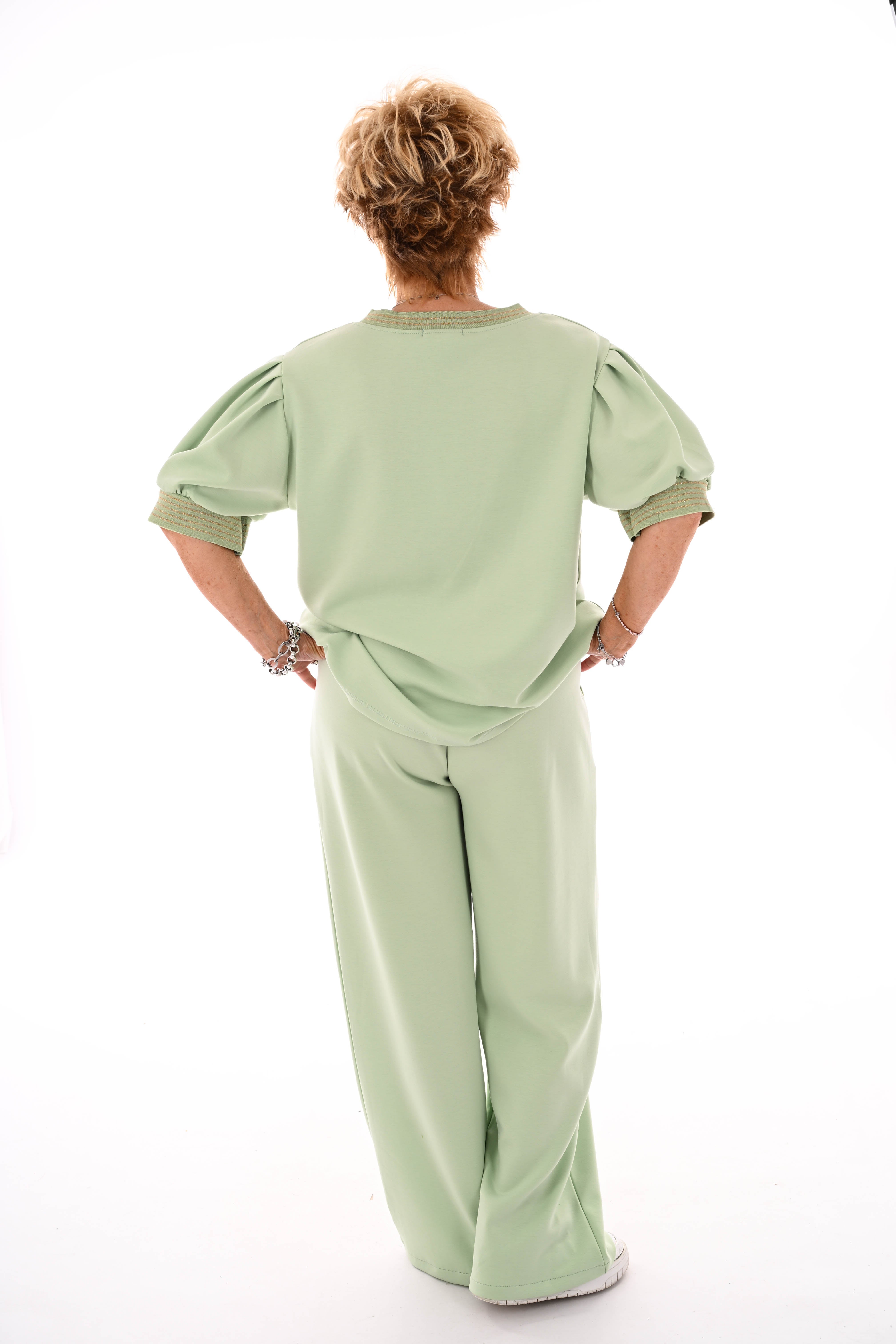 Tweedelig set korte pofmouwen glitterbies pistache