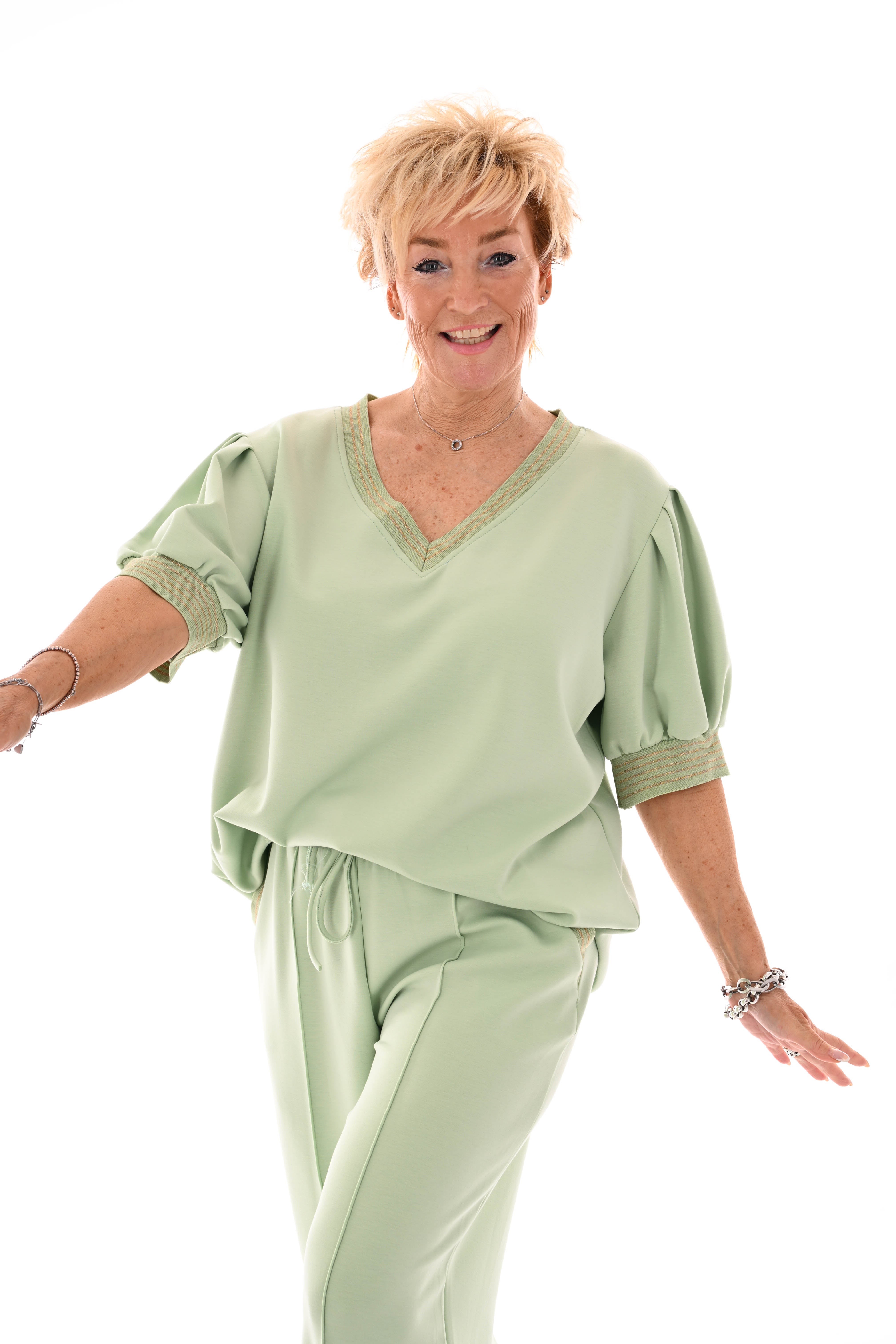 Tweedelig set korte pofmouwen glitterbies pistache