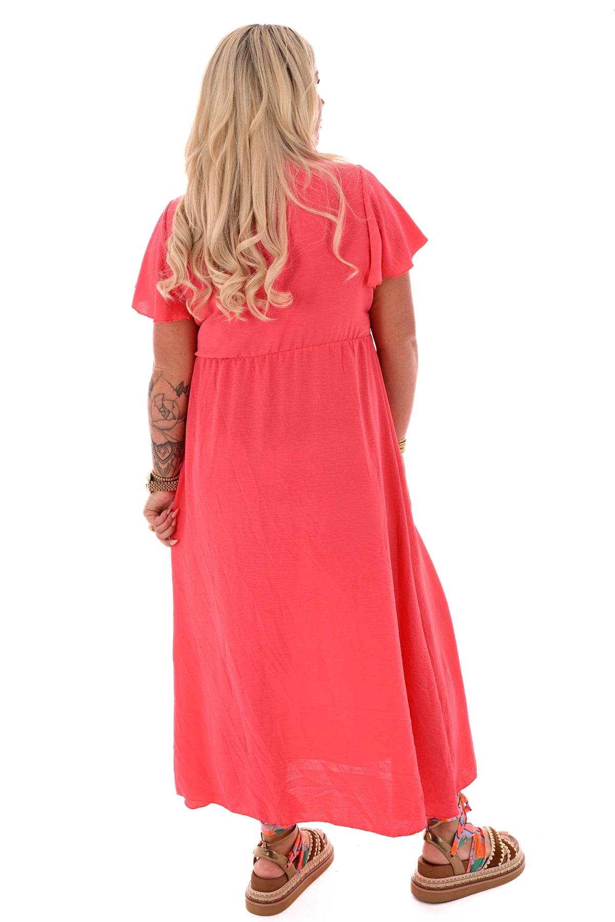 Maxi jurk korte mouwen strik uni koraal