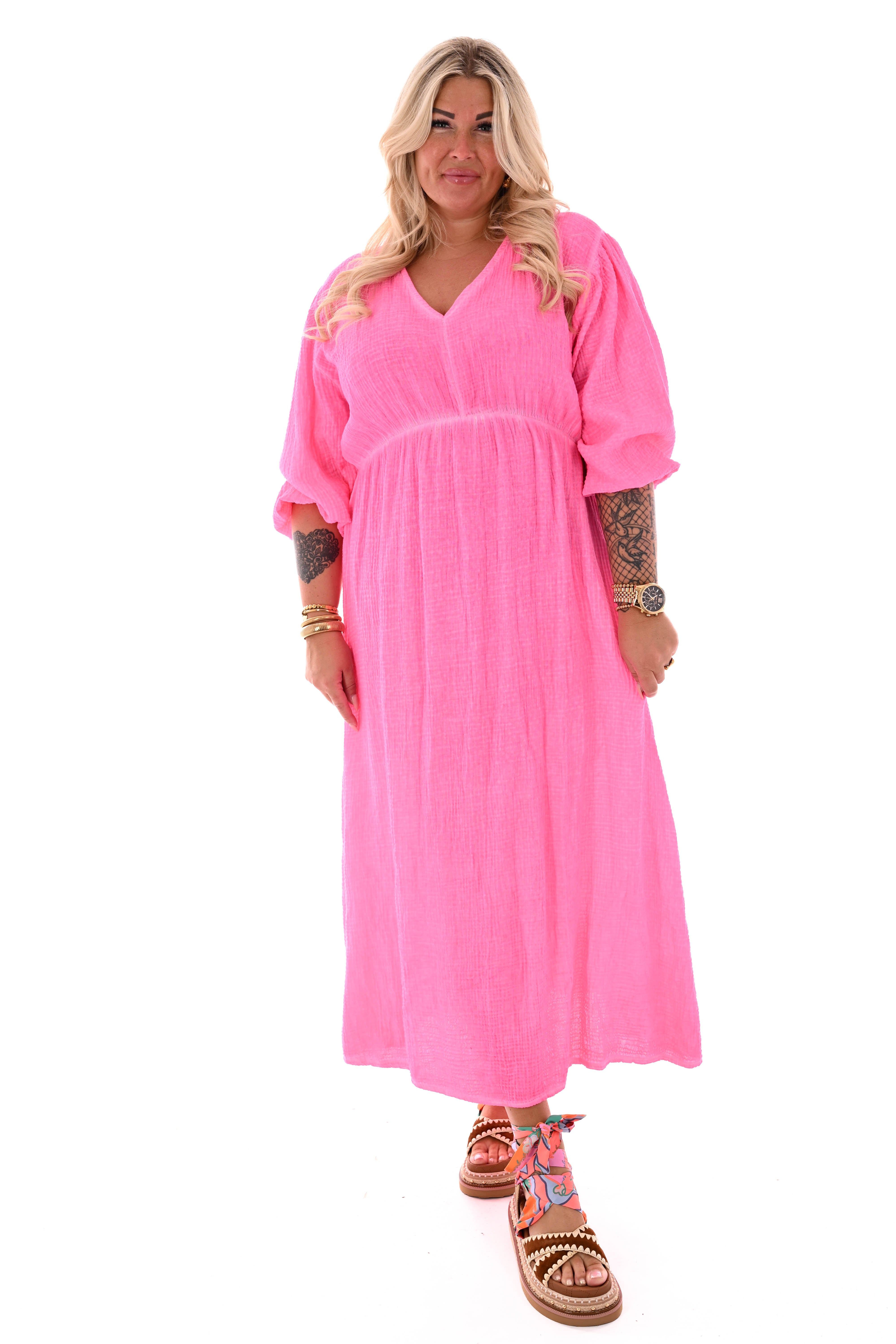 Wafel jurk v-hals uni neonroze