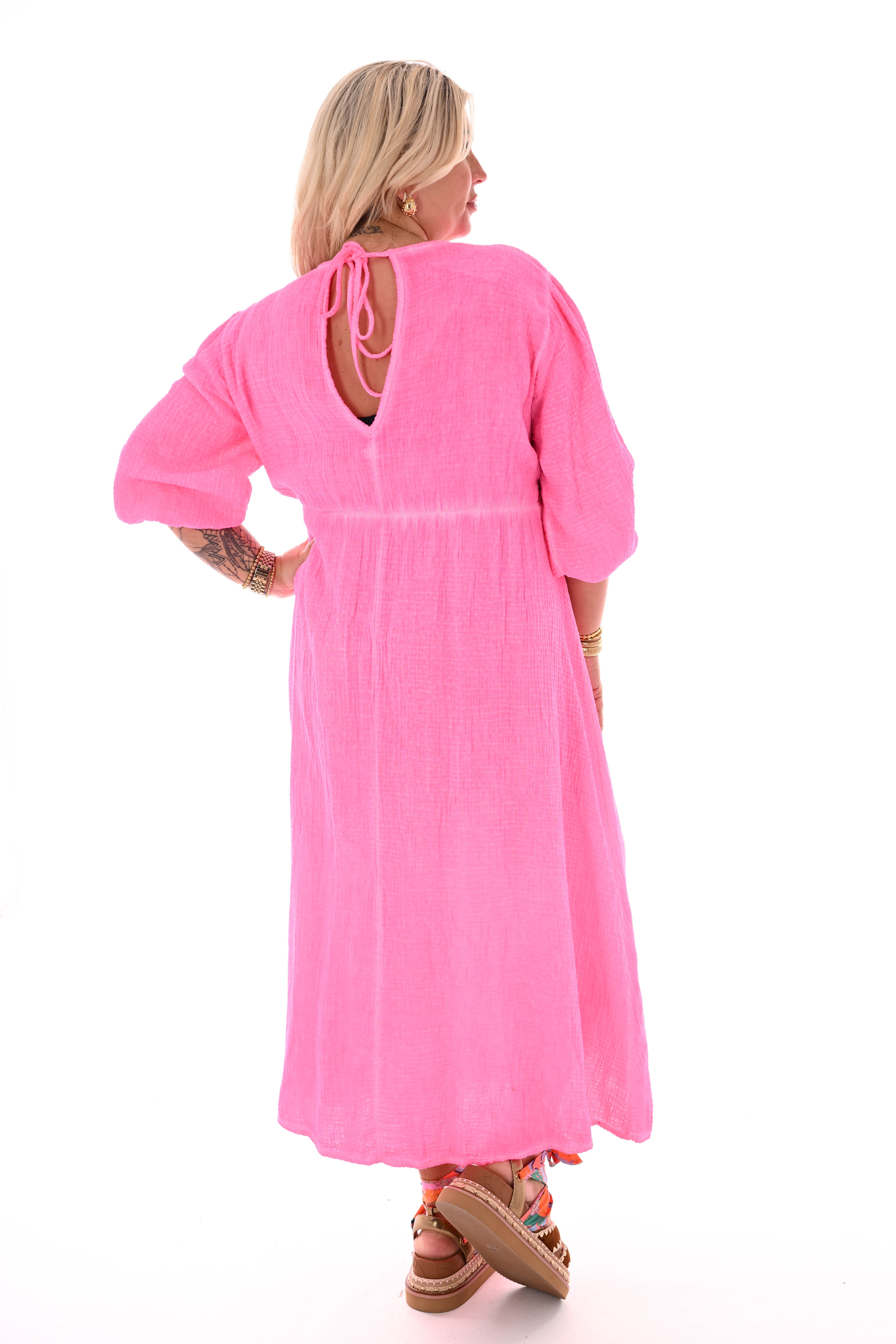 Wafel jurk v-hals uni neonroze