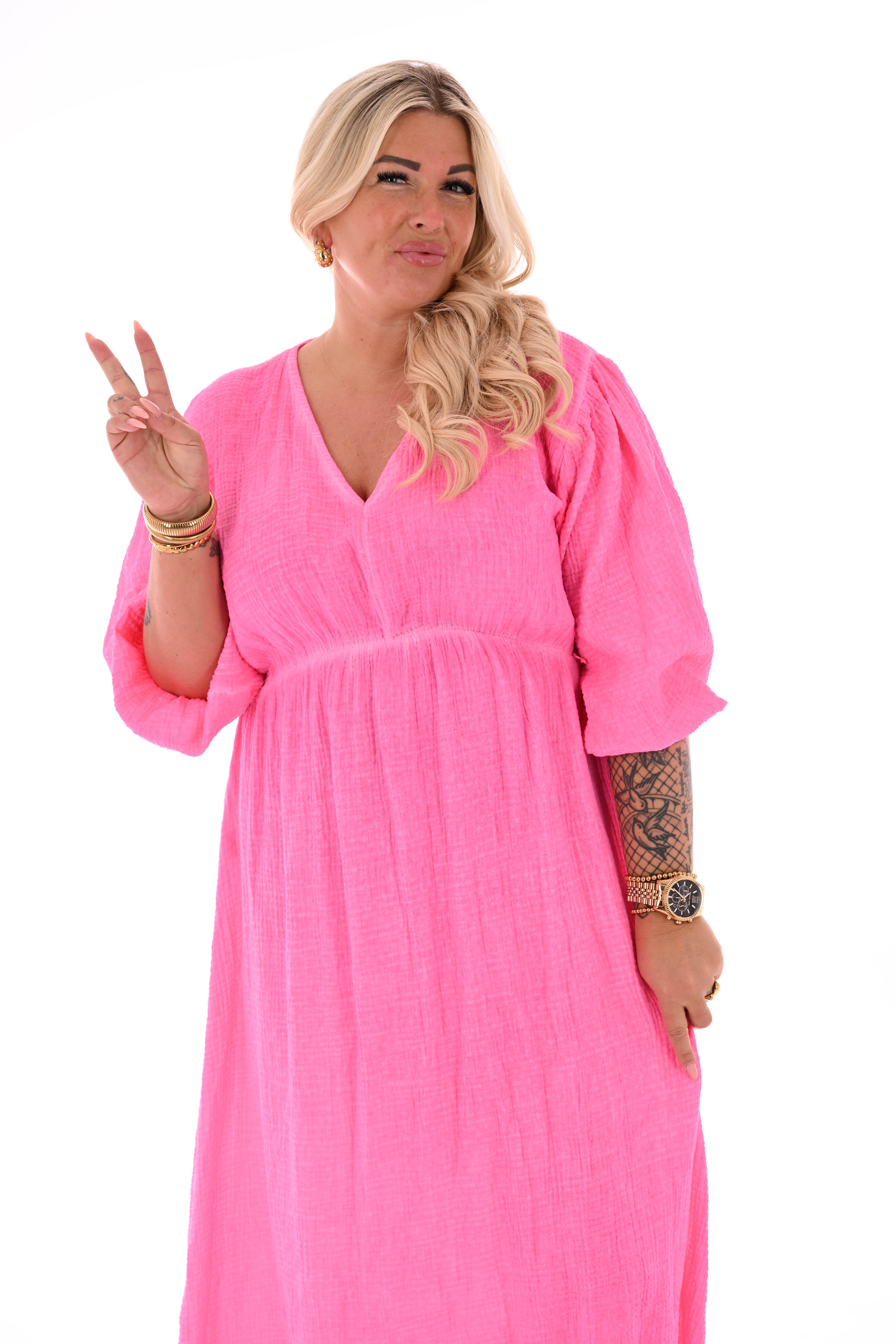 Wafel jurk v-hals uni neonroze
