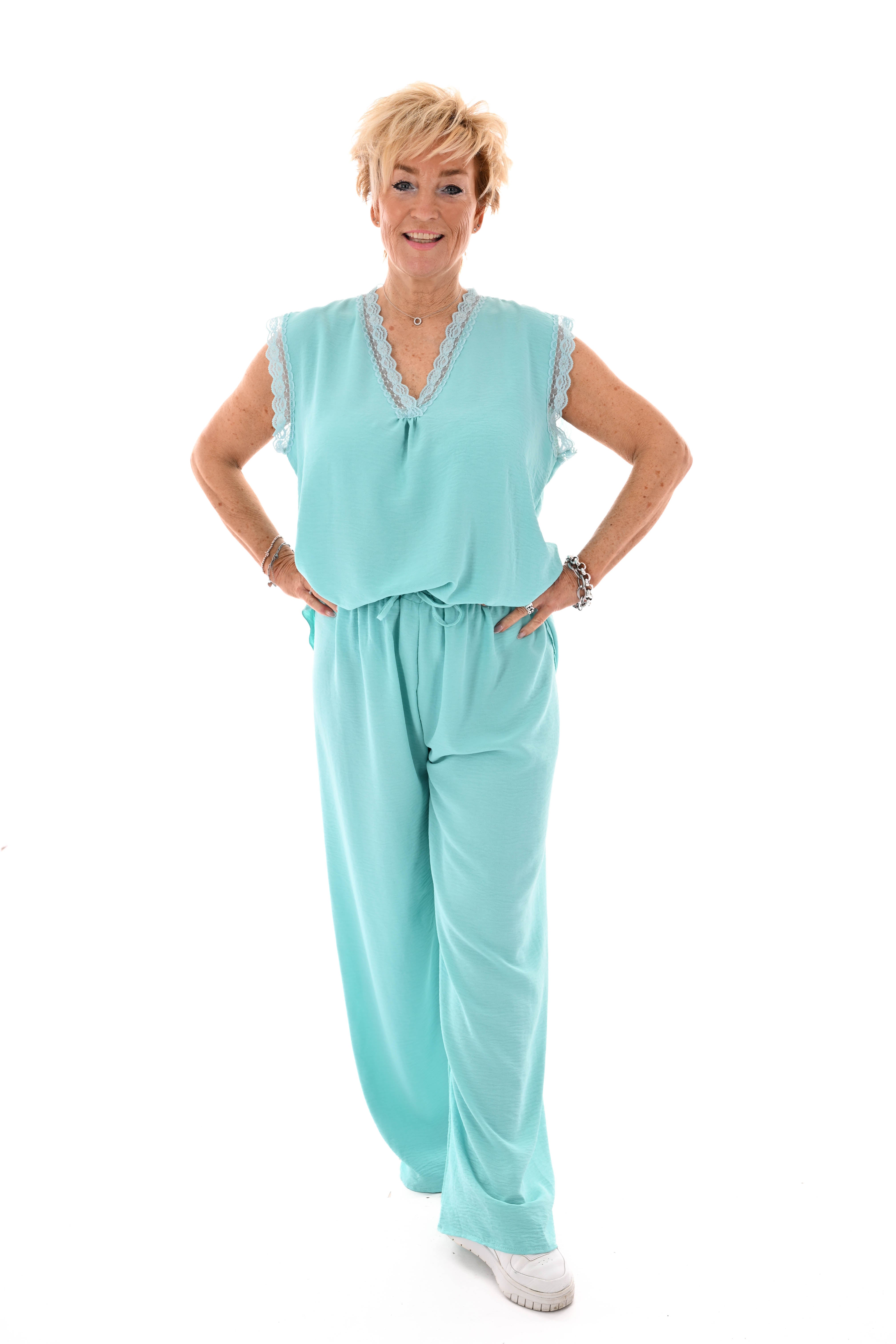 Tweedelig set kant v-hals turquoise