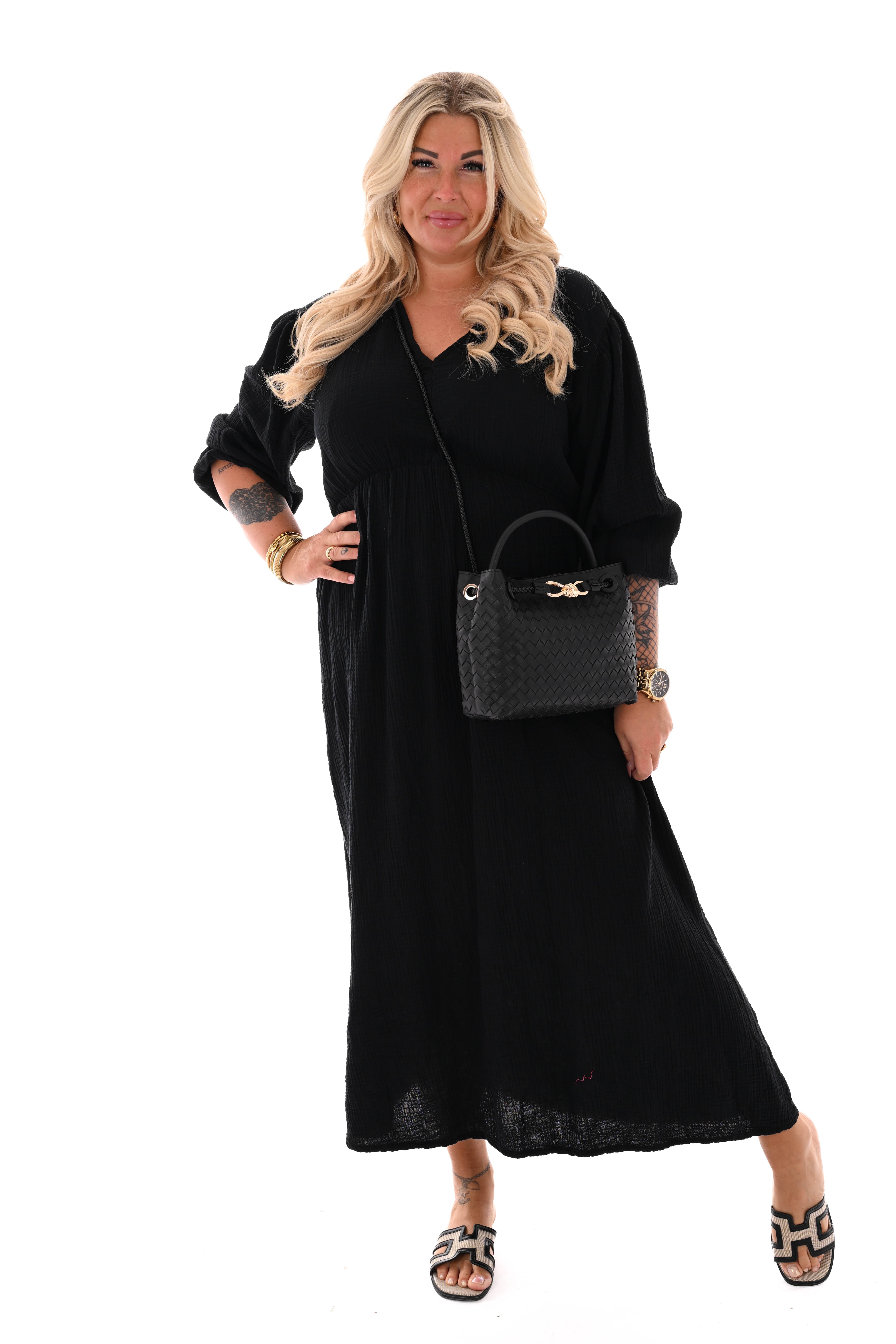 Wafel jurk v-hals uni zwart