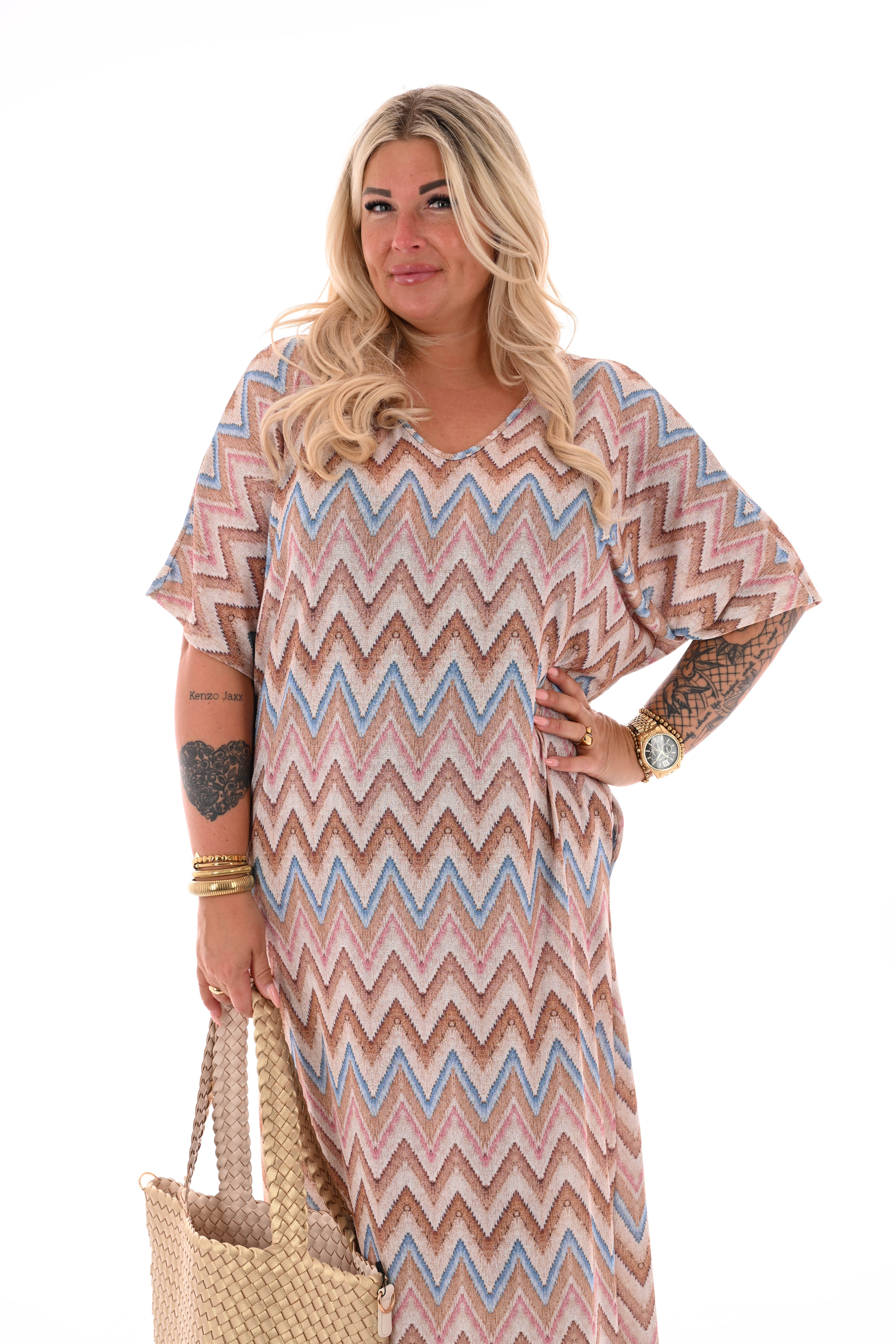 Jurk v-rug met strik zigzag beige/blauw