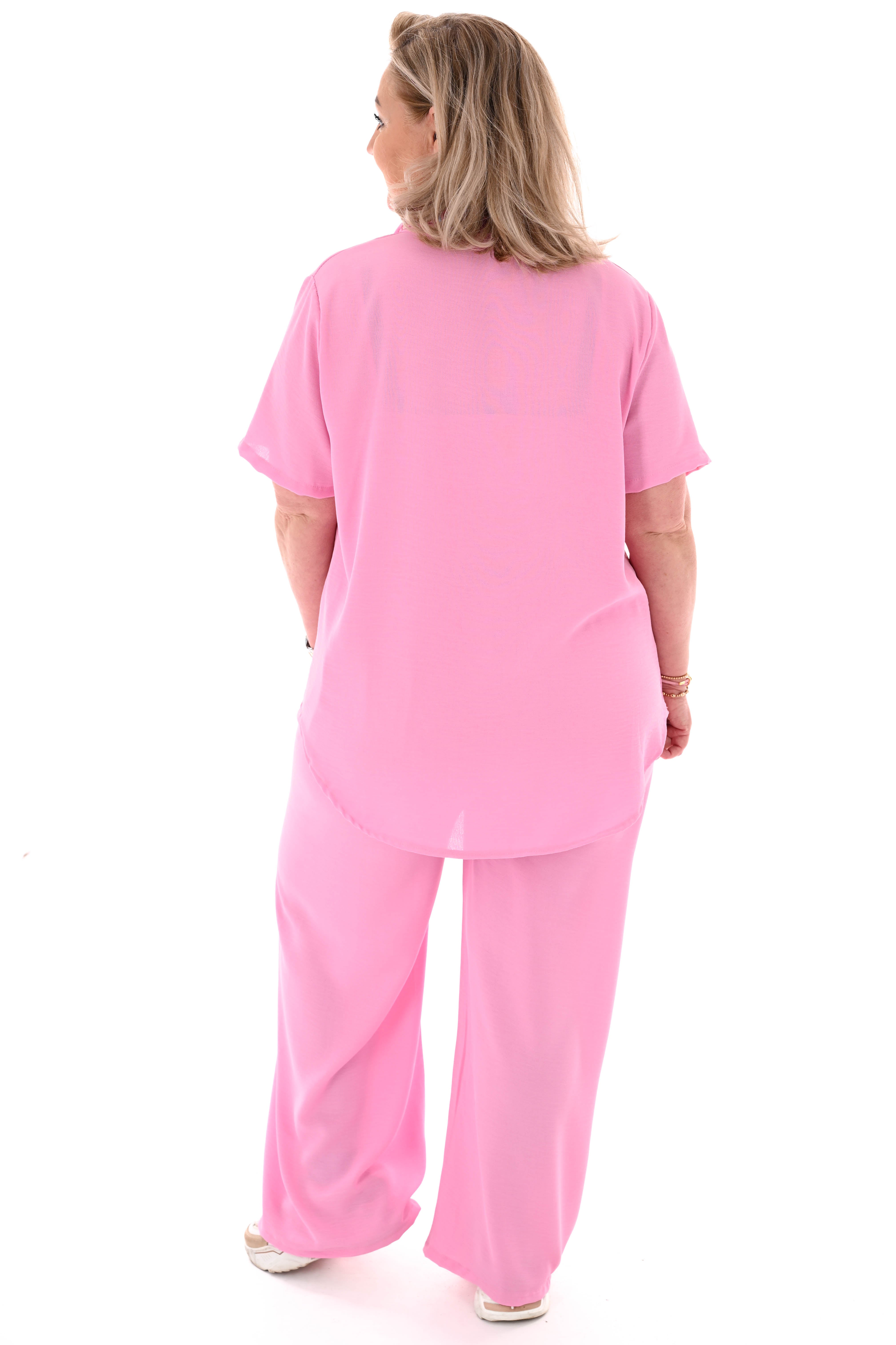 Tweedelig pak v-hals met sjaaltje uni roze