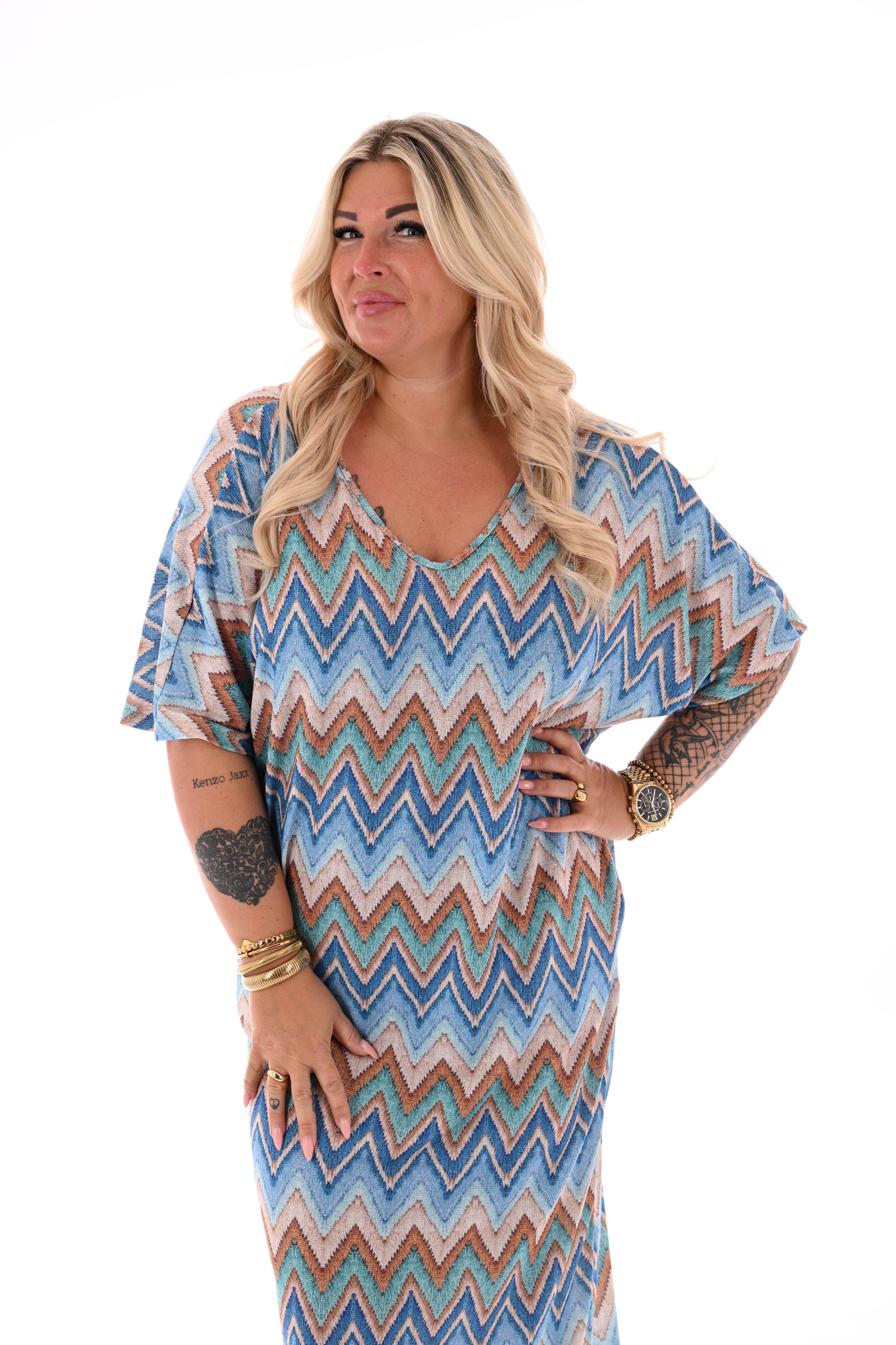 Jurk v-rug met strik zigzag lichtblauw/turquoise
