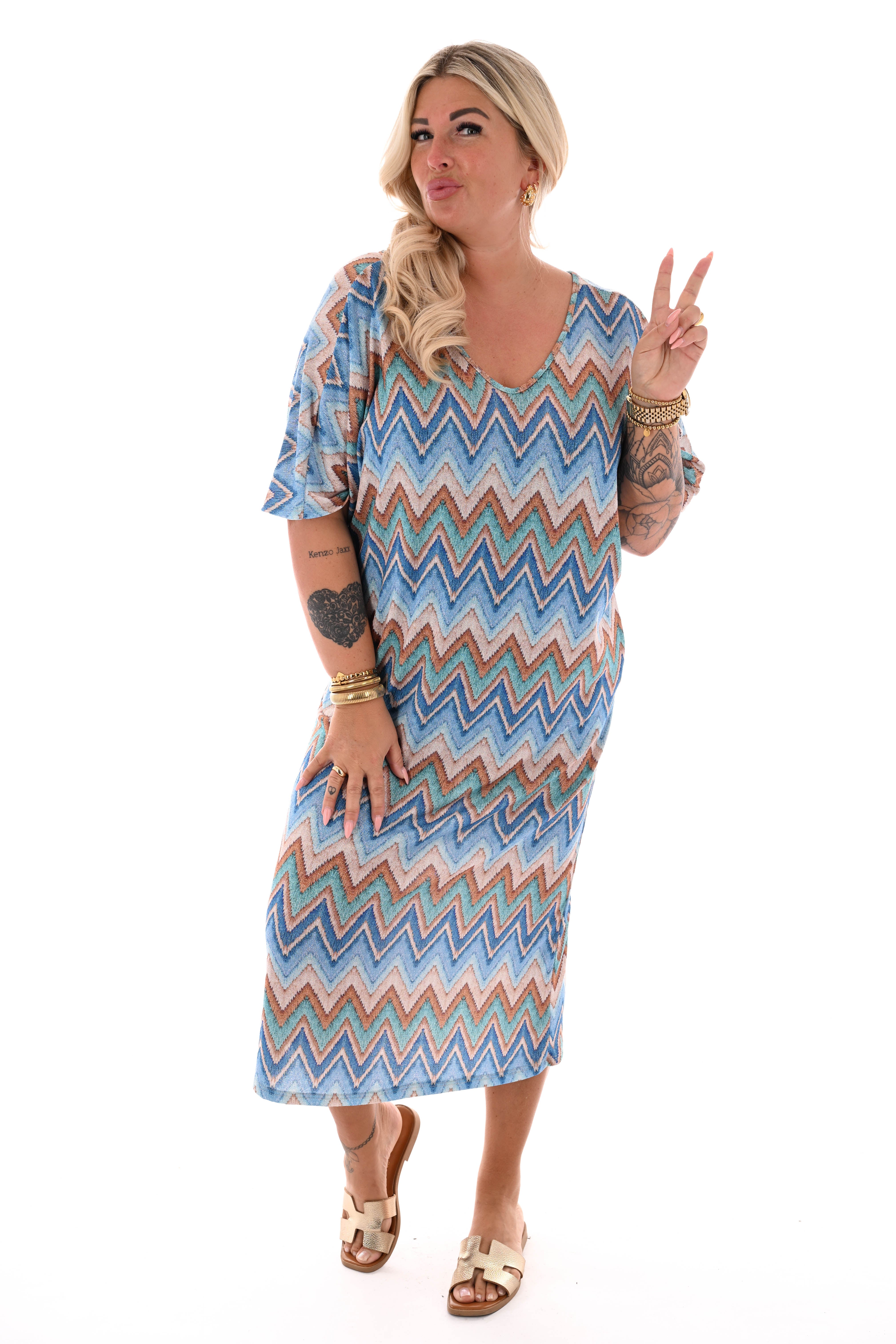 Jurk v-rug met strik zigzag lichtblauw/turquoise