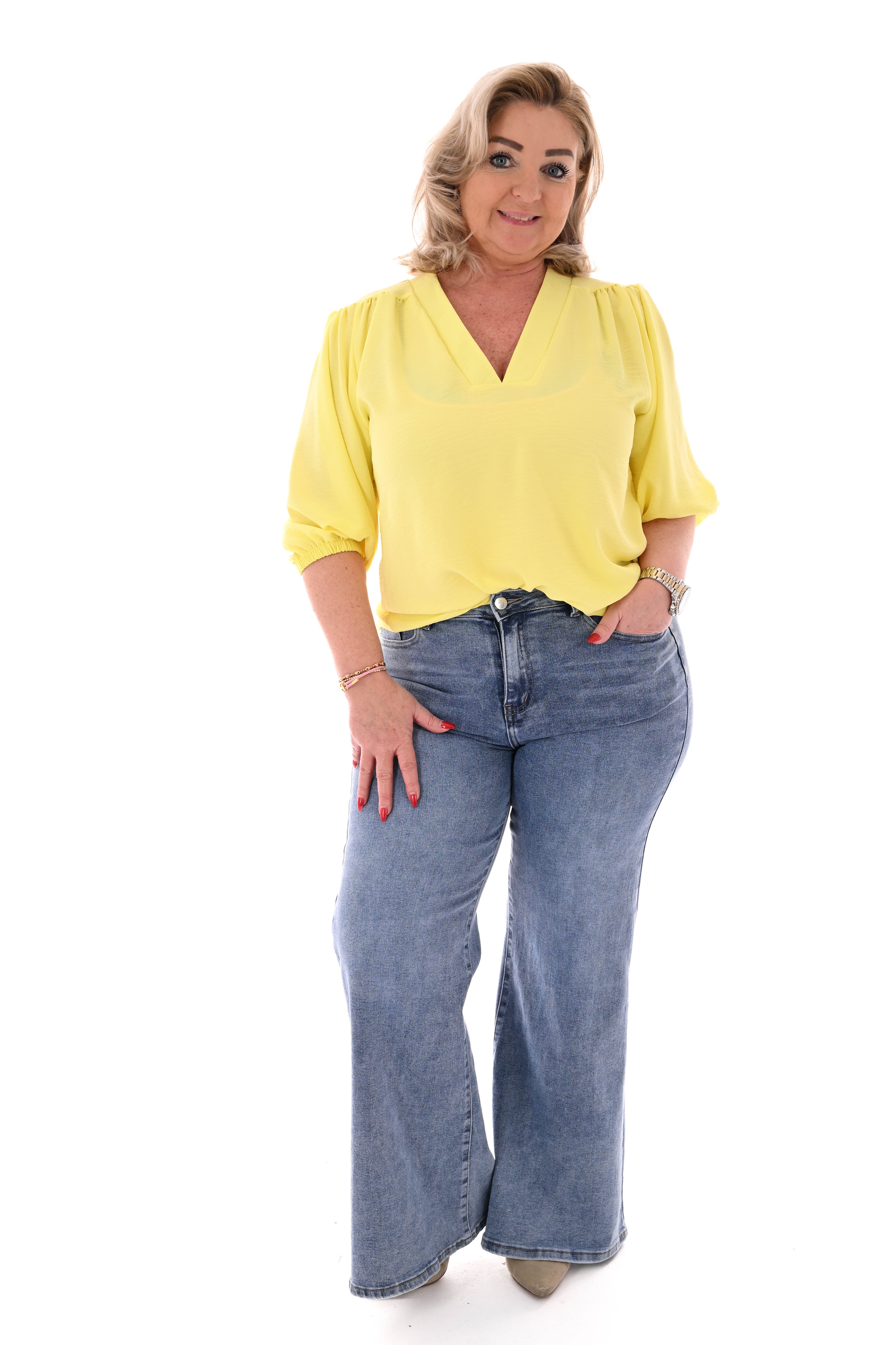 Top v-hals elastieken pofmouwen uni geel