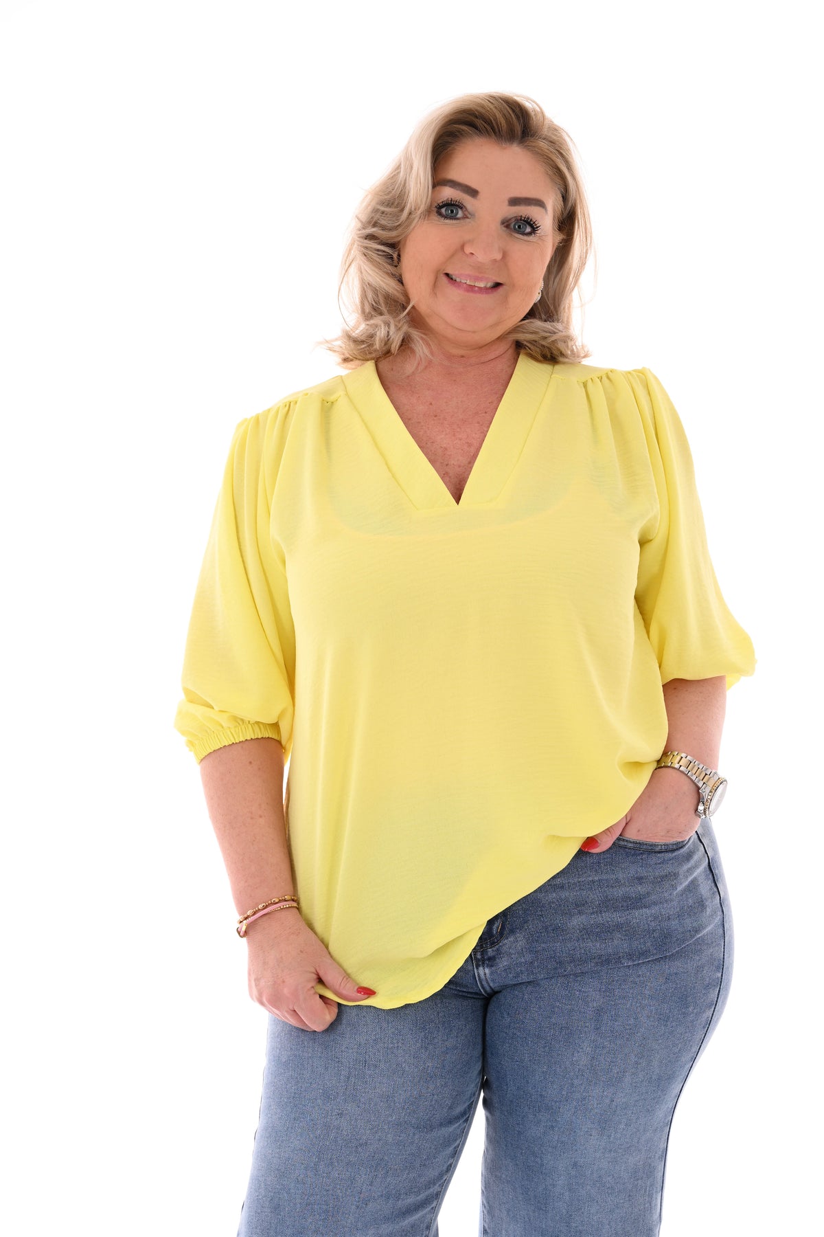 Top v-hals elastieken pofmouwen uni geel