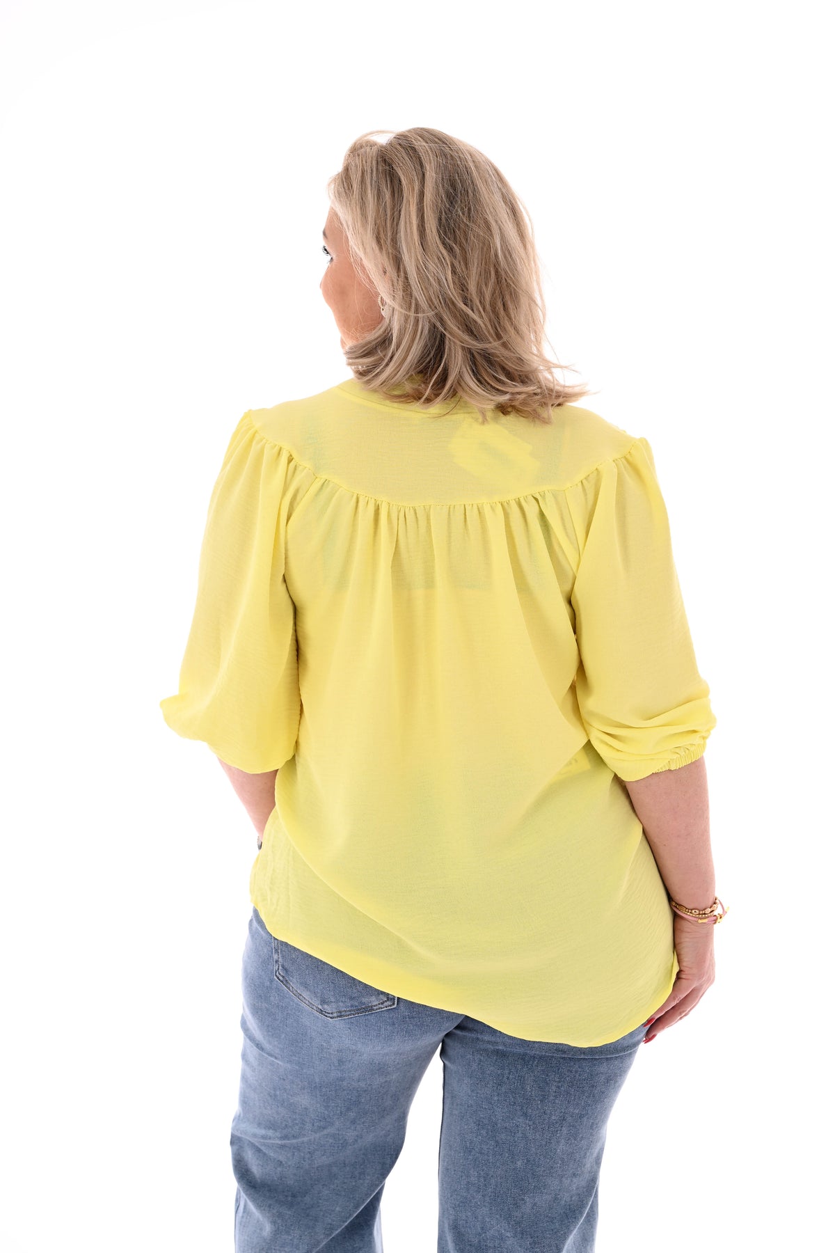 Top v-hals elastieken pofmouwen uni geel