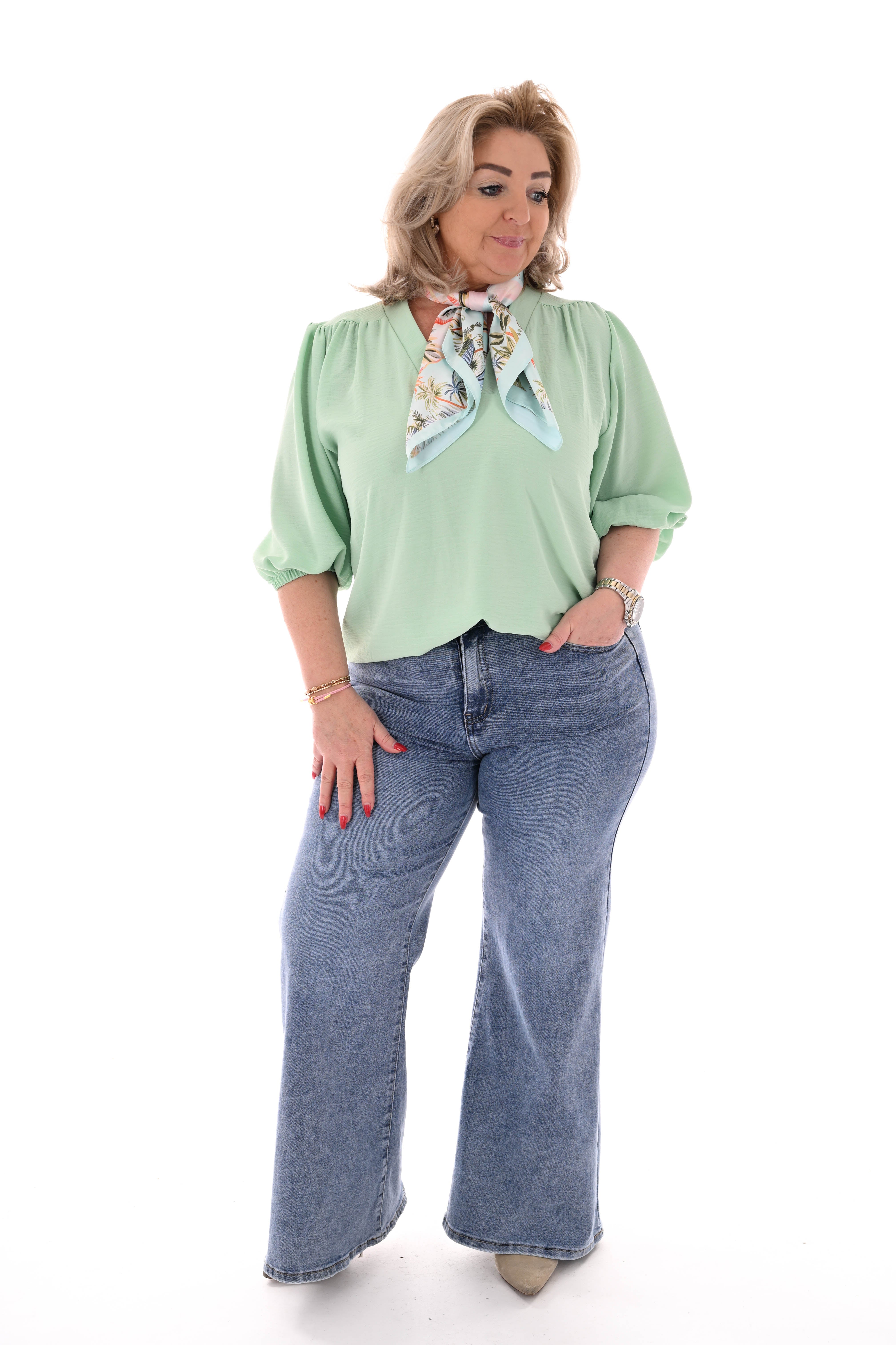 Top v-hals elastieken pofmouwen uni pistache