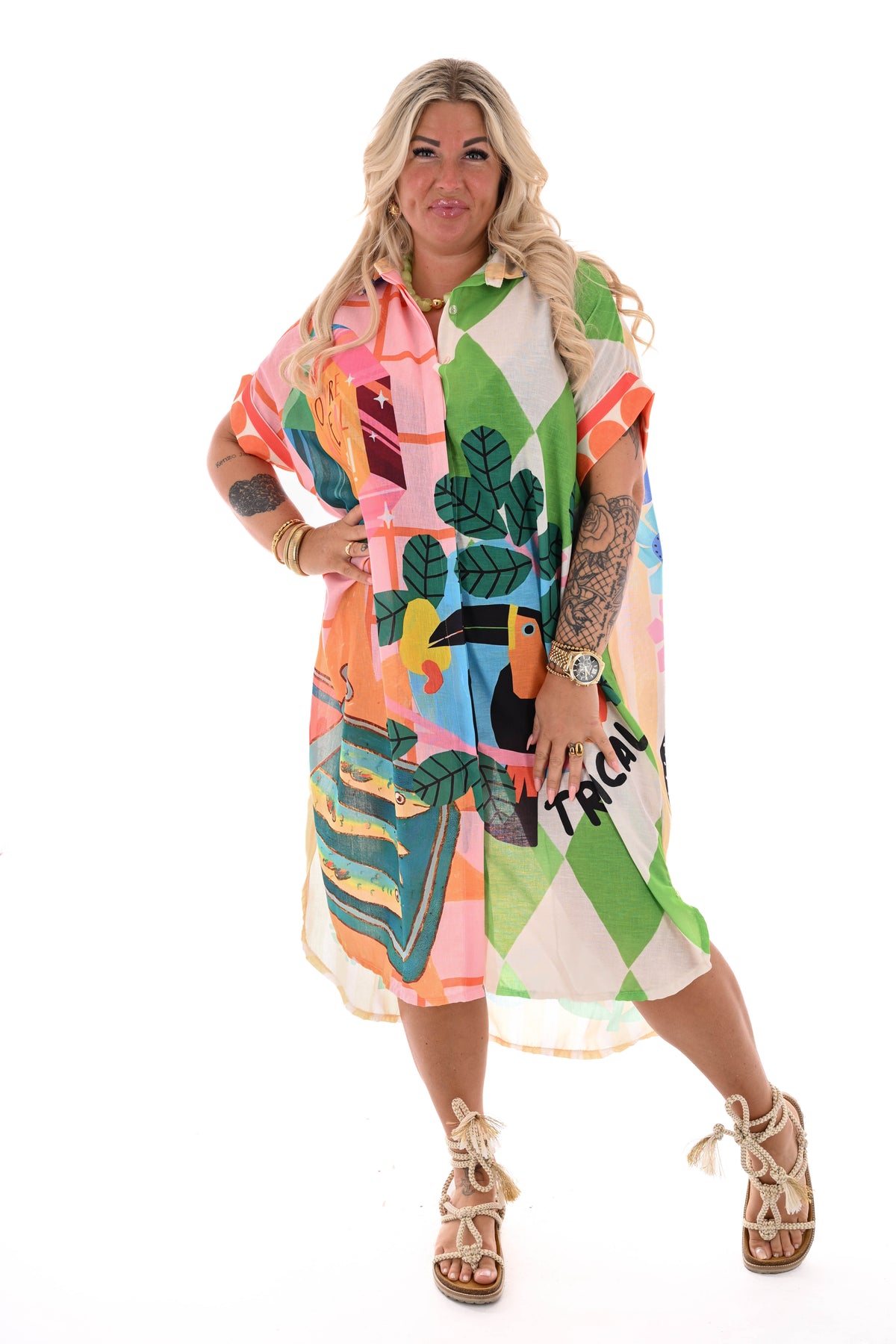 Lange blouse jurk mixed print bloemen groen