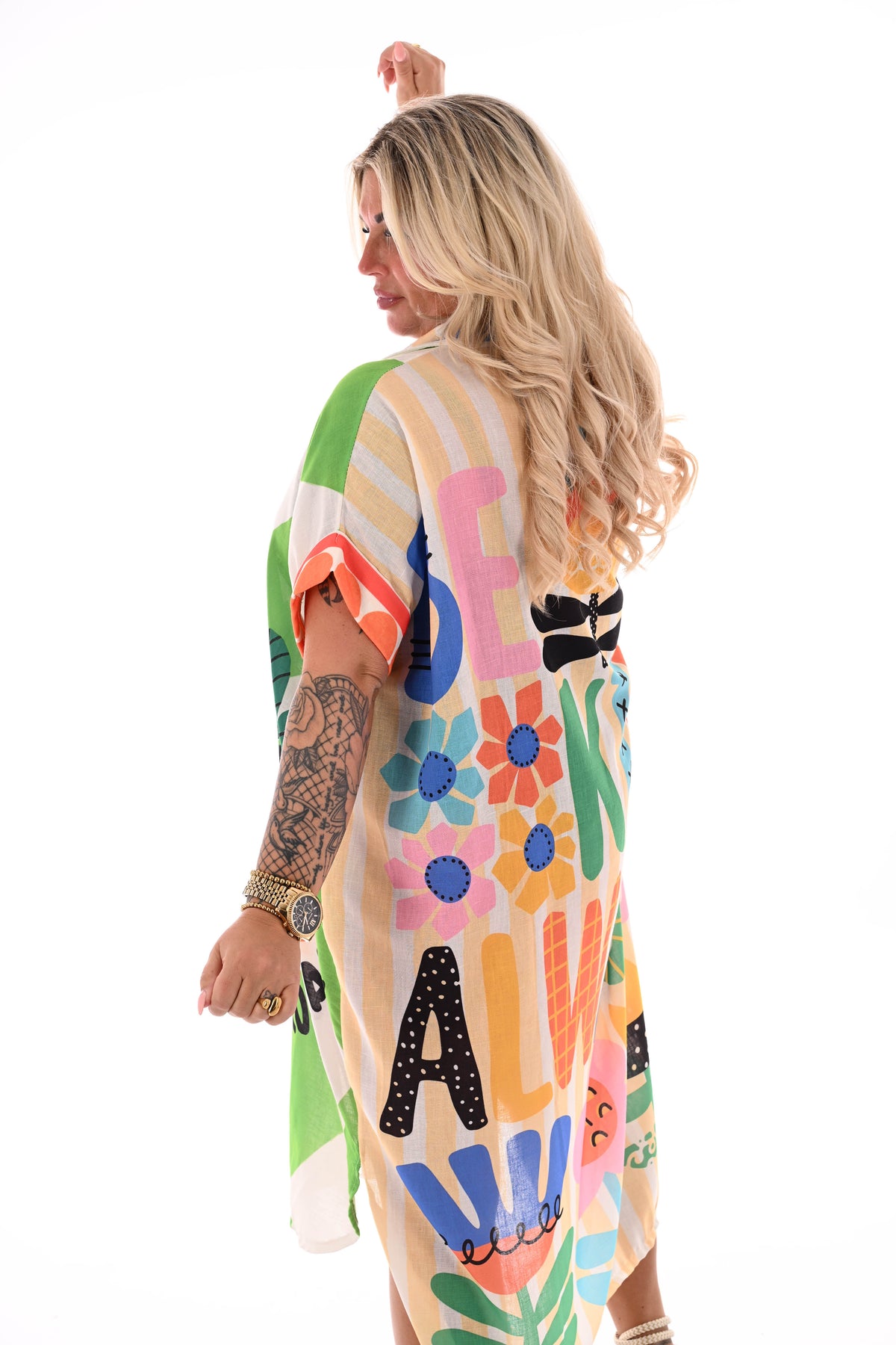 Lange blouse jurk mixed print bloemen groen