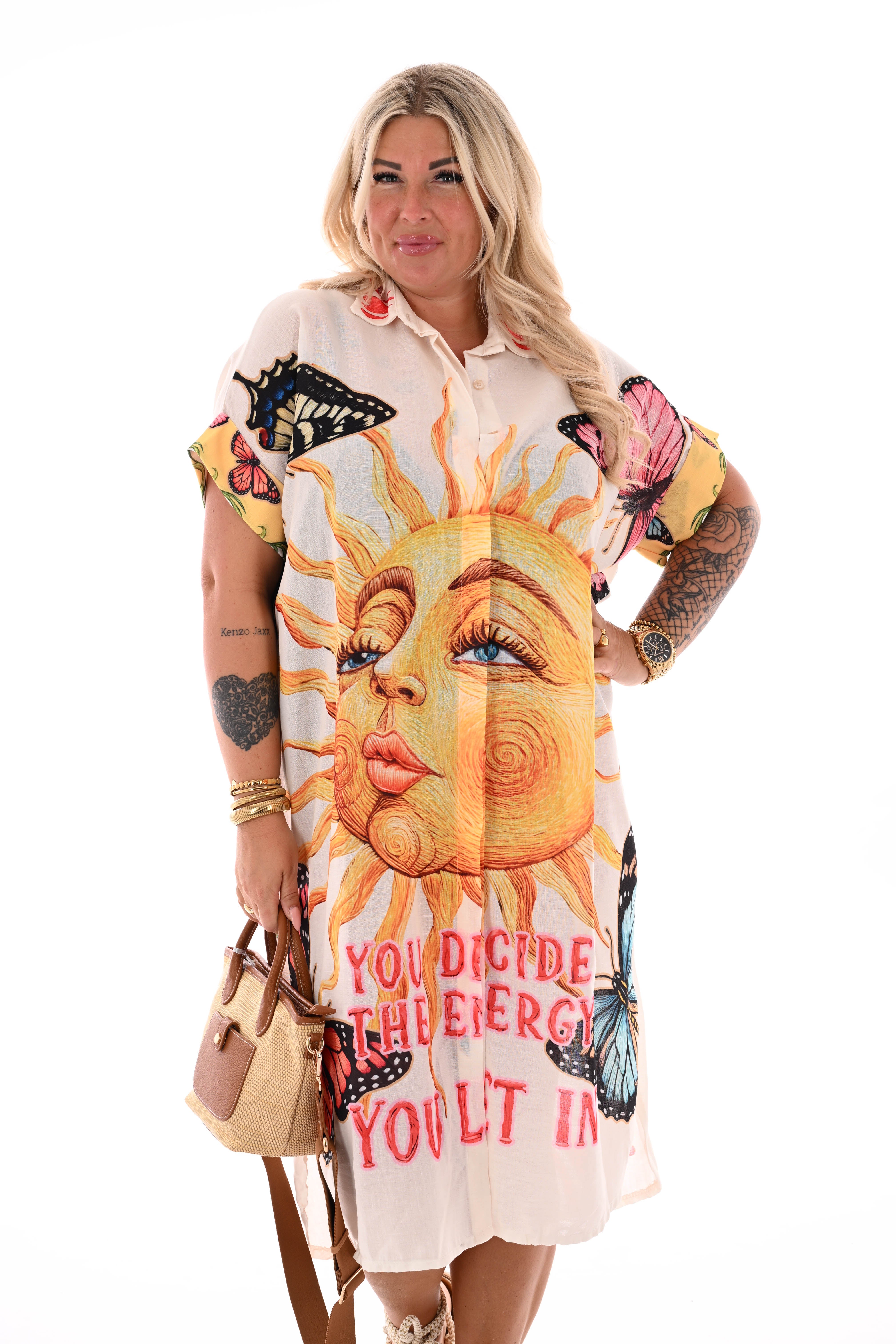 Lange blouse jurk mixed print zon geel