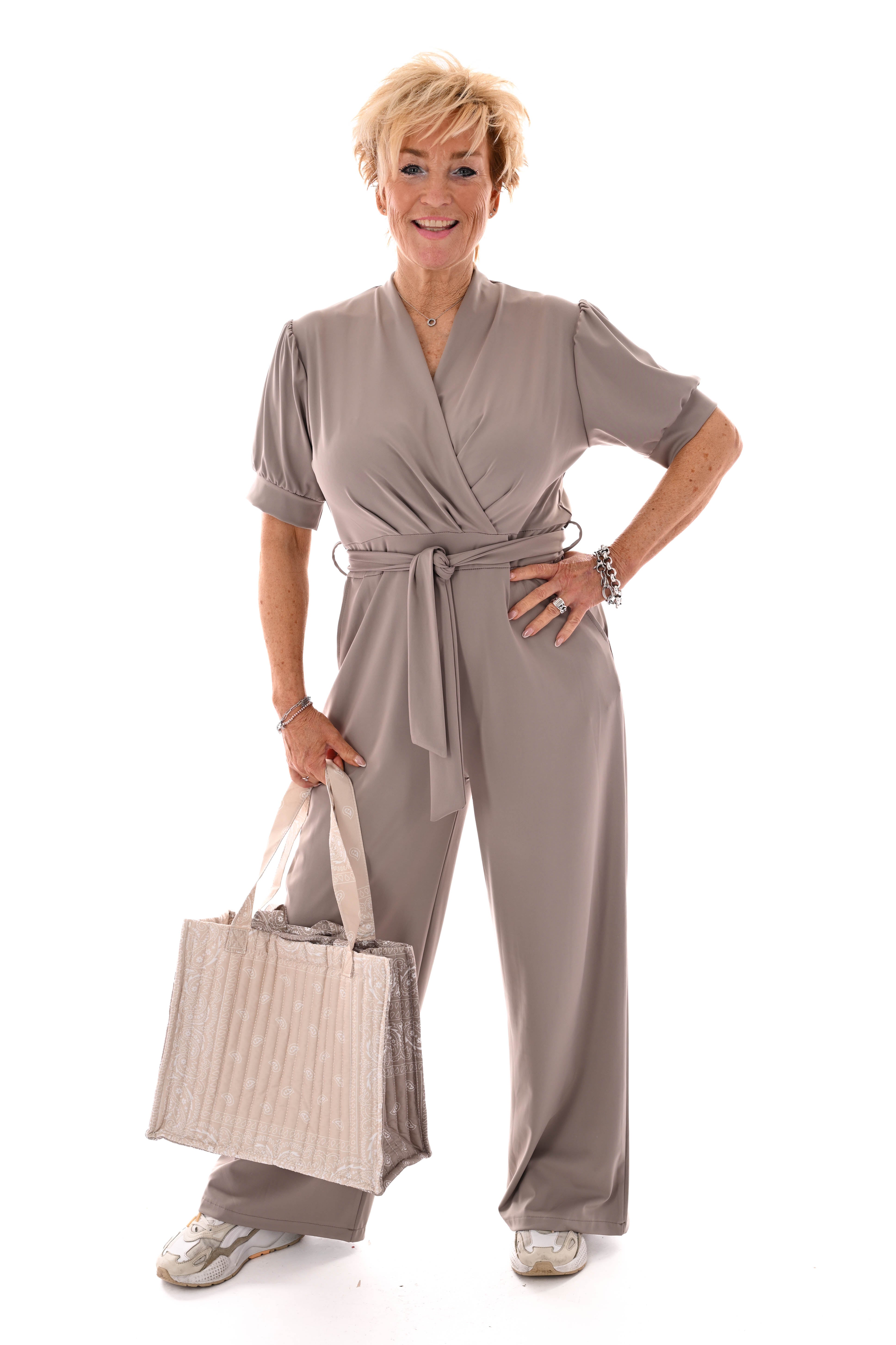 Travel jumpsuit overslag korte mouwen taupe
