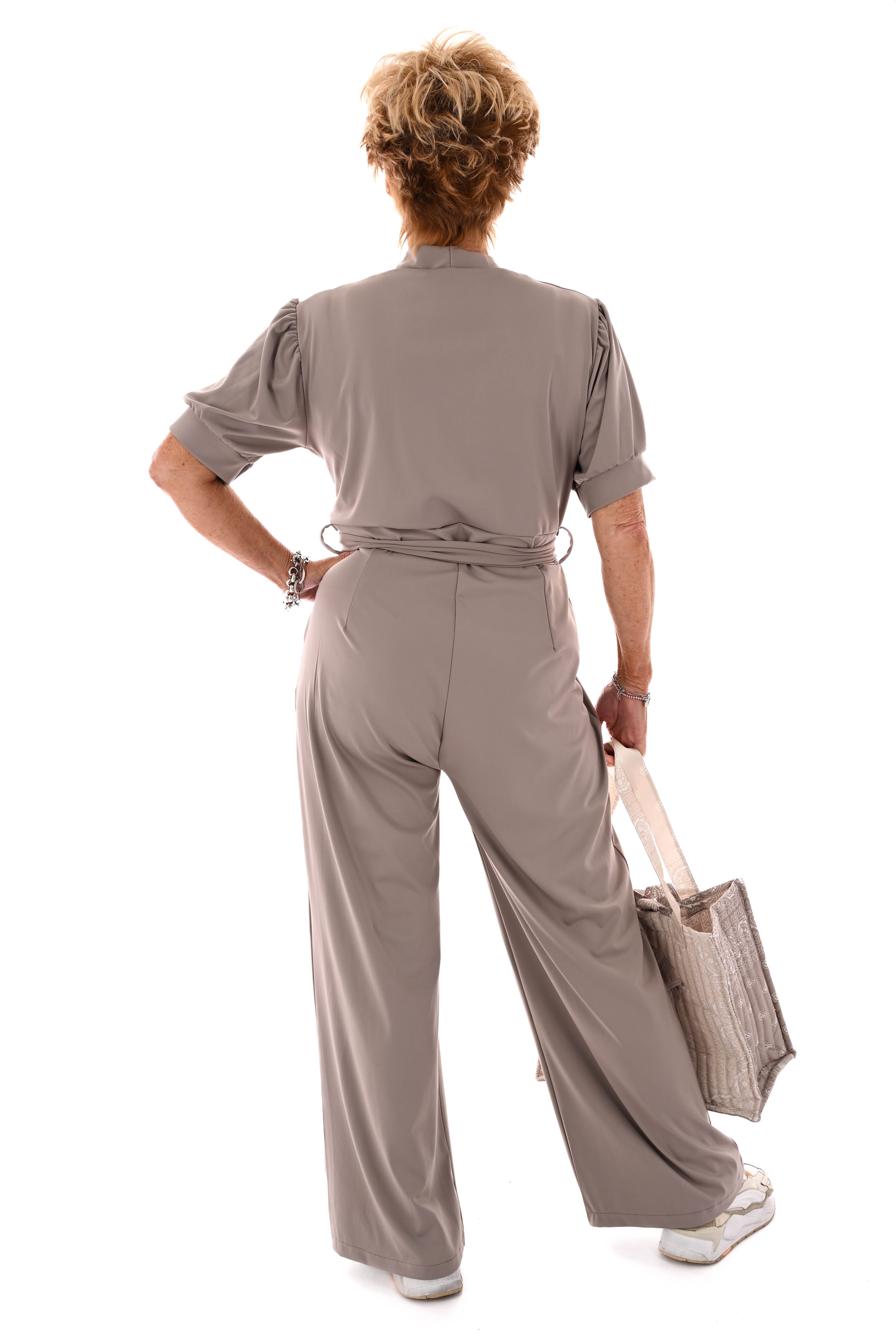 Travel jumpsuit overslag korte mouwen taupe