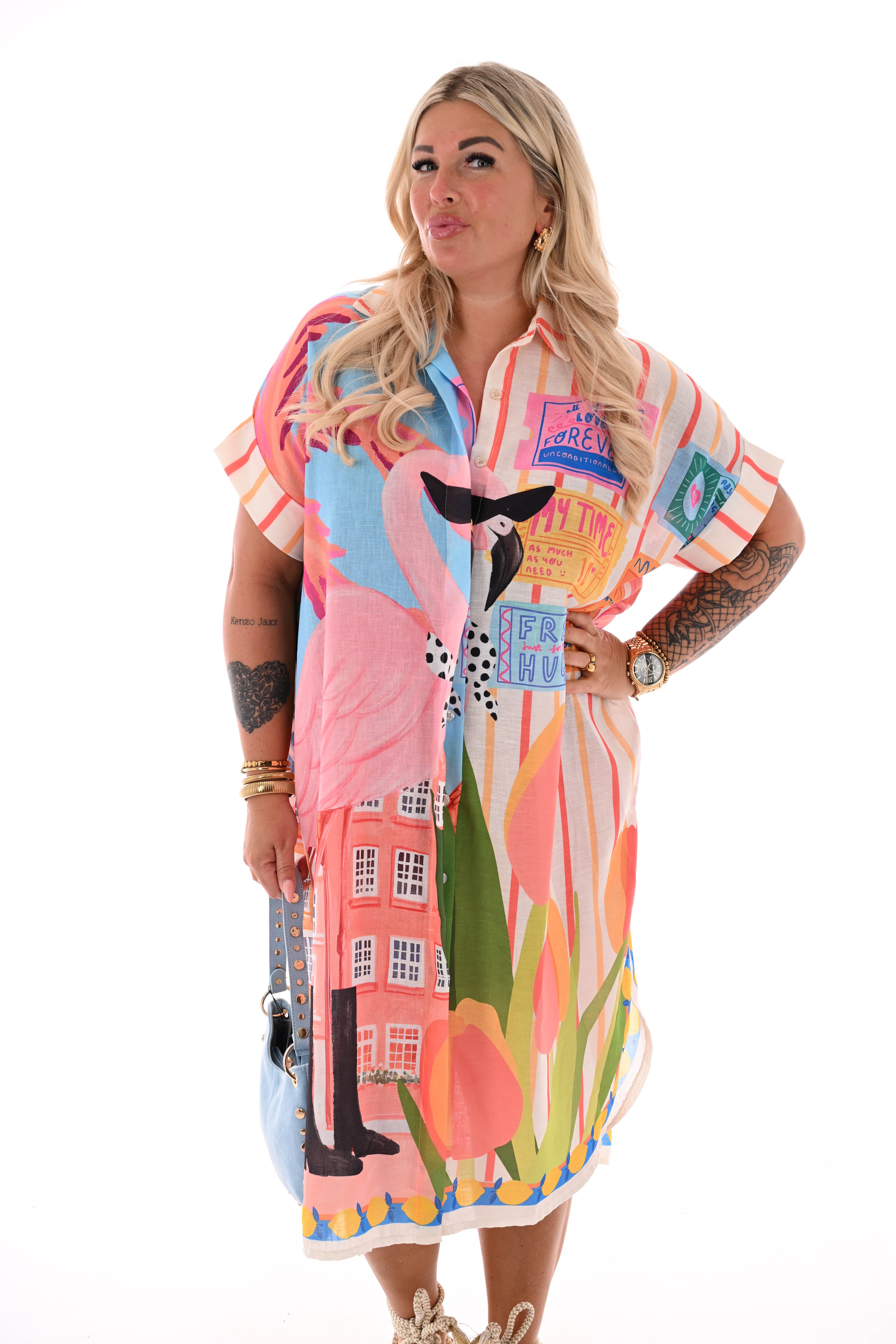 Lange blouse jurk mixed print tropical roze