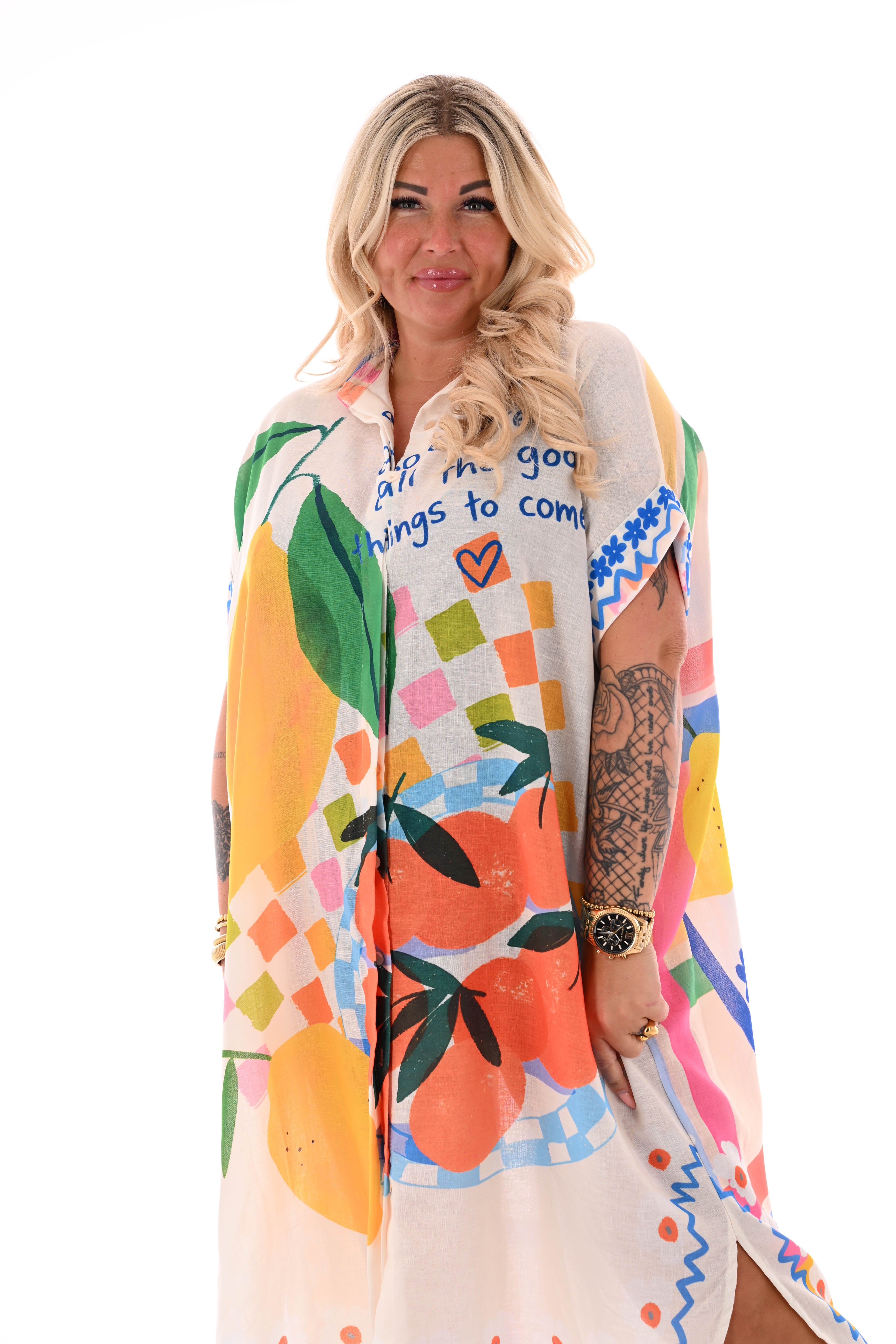 Lange blouse jurk mixed print lemons/oranges oranje