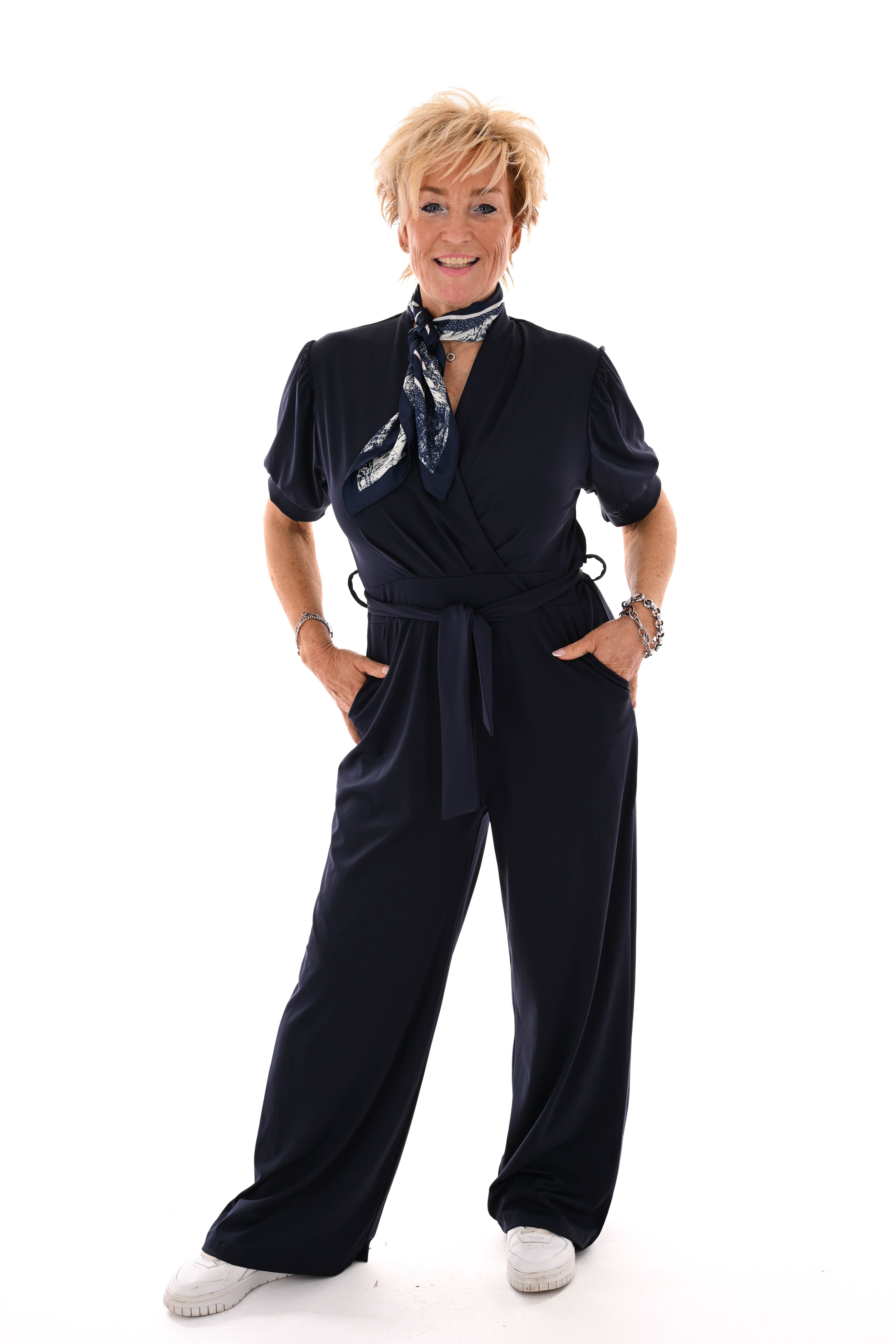 Travel jumpsuit overslag korte mouwen marineblauw