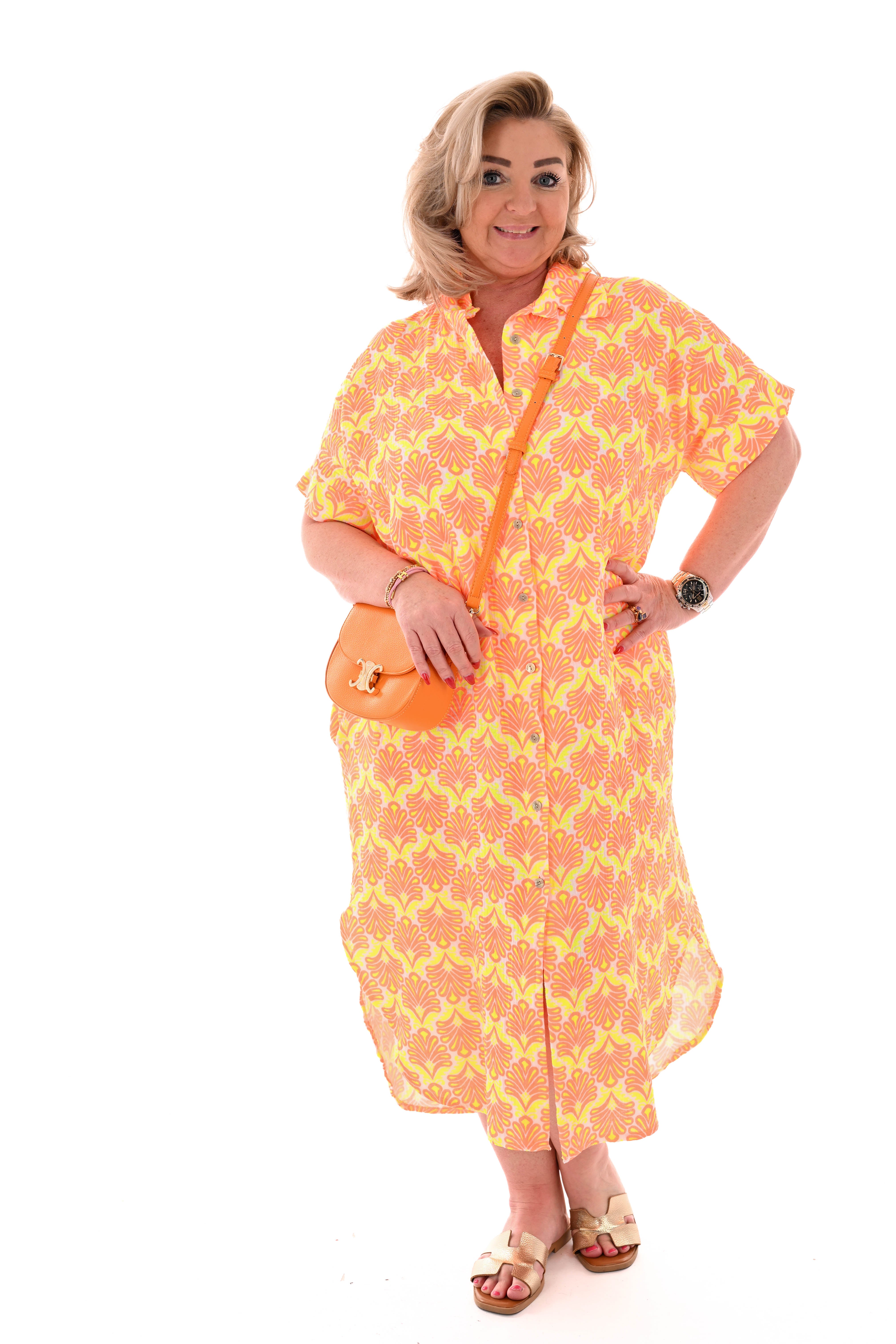 Lange blouse abstracte bloemen roomwit/oranje