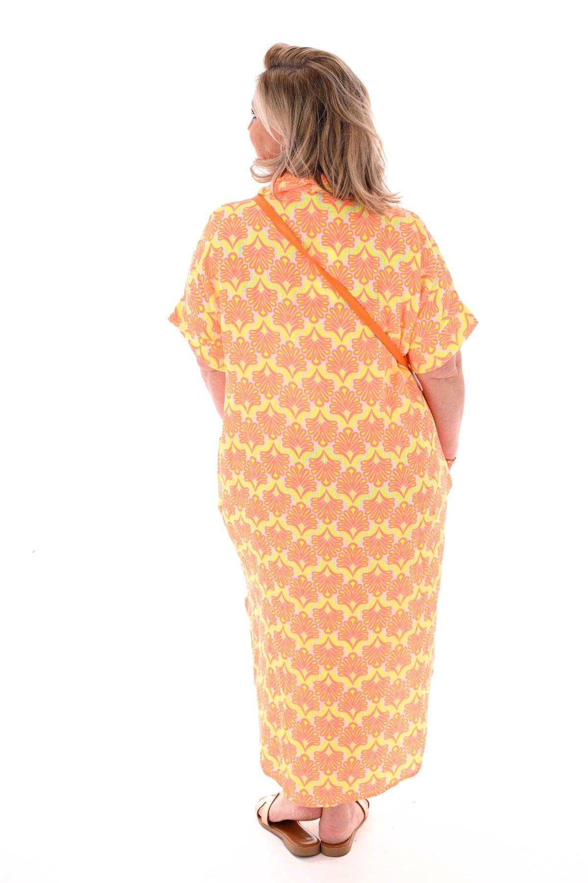 Lange blouse abstracte bloemen roomwit/oranje