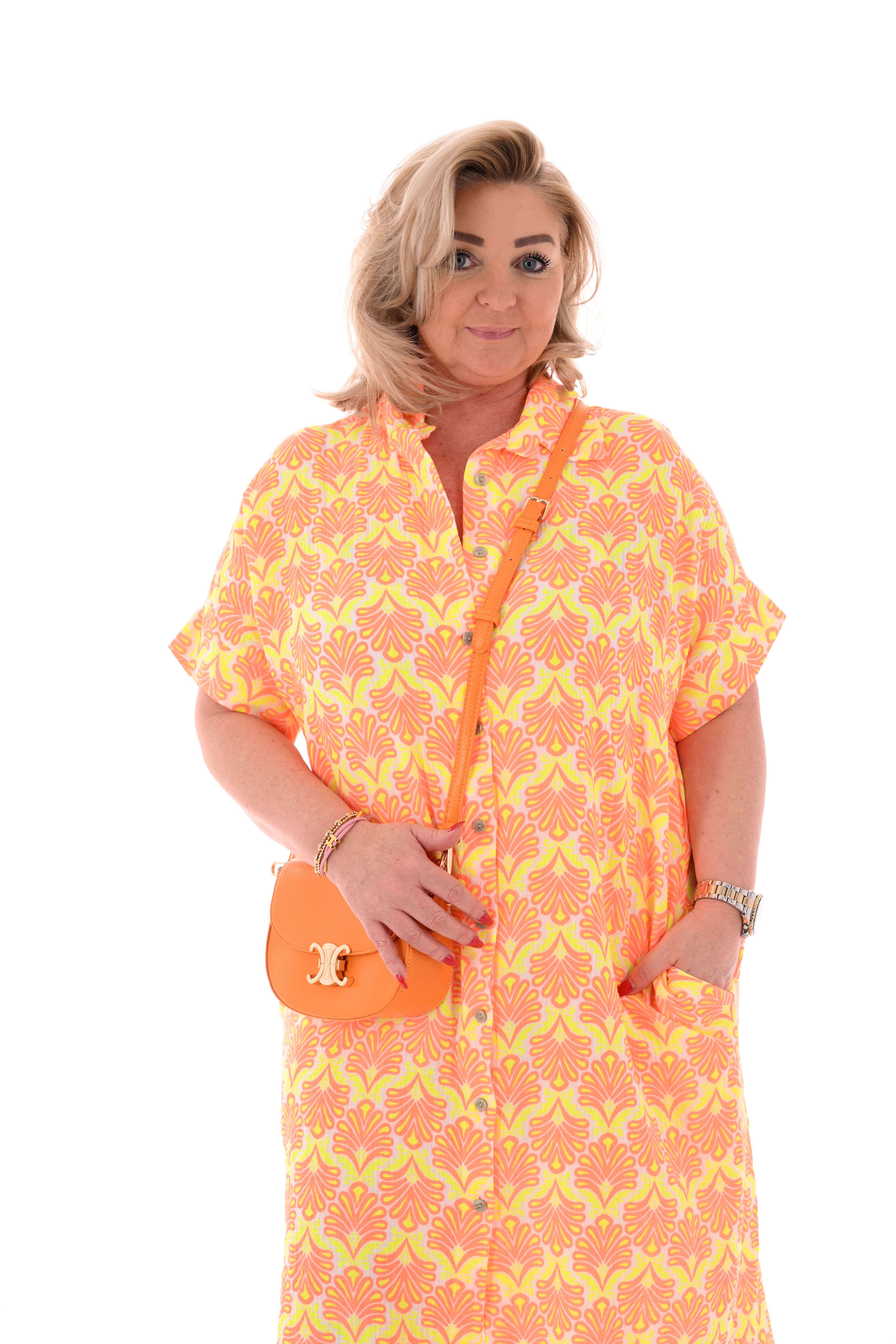 Lange blouse abstracte bloemen roomwit/oranje