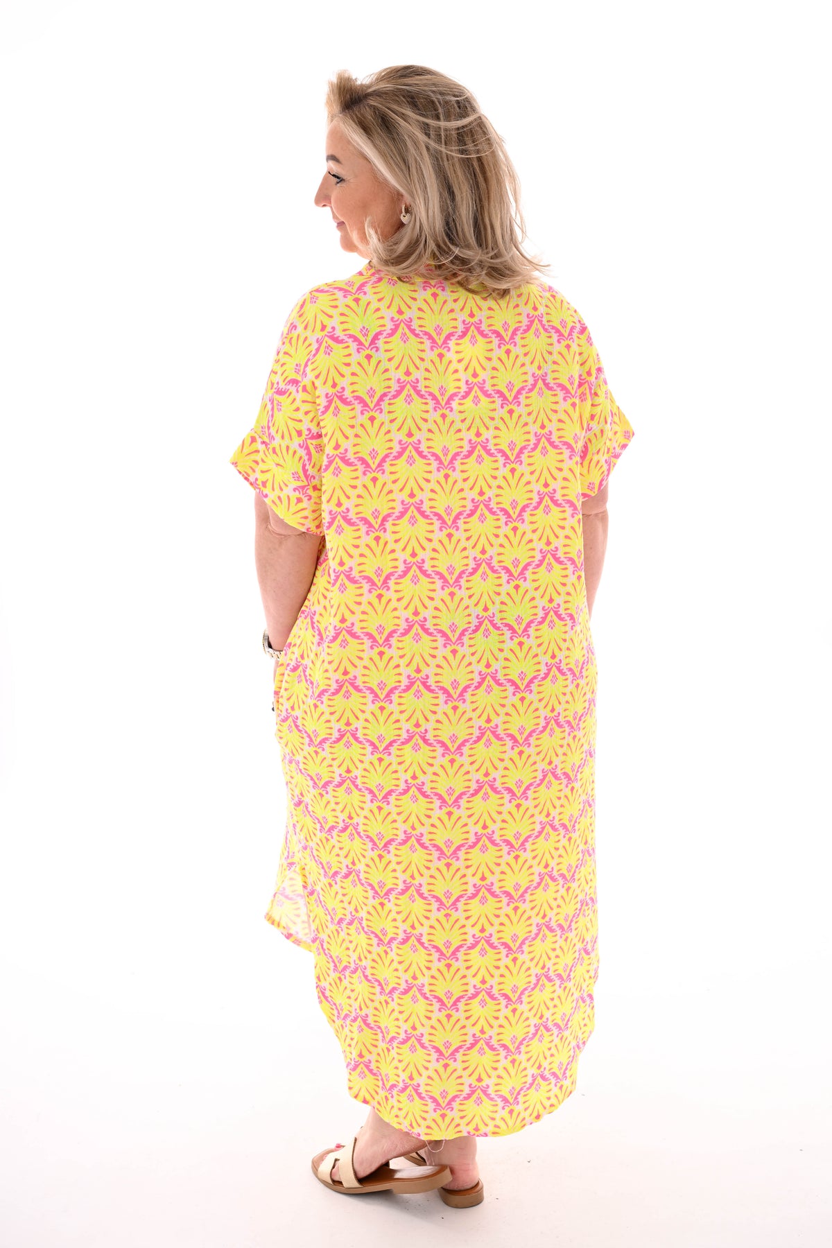 Lange blouse abstracte bloemen roomwit/geel