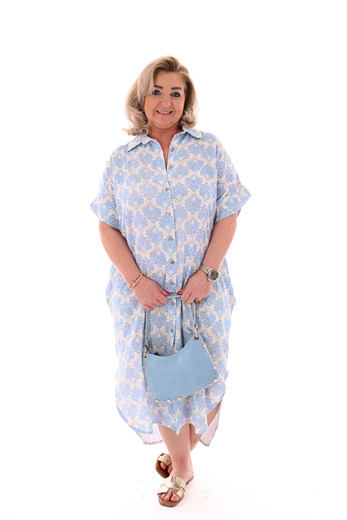 Lange blouse abstracte bloemen roomwit/lichtblauw