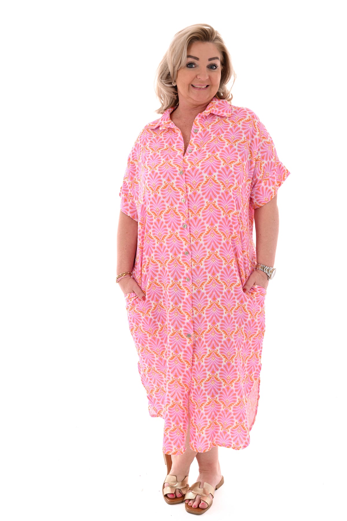 Lange blouse abstracte bloemen roomwit/lichtroze