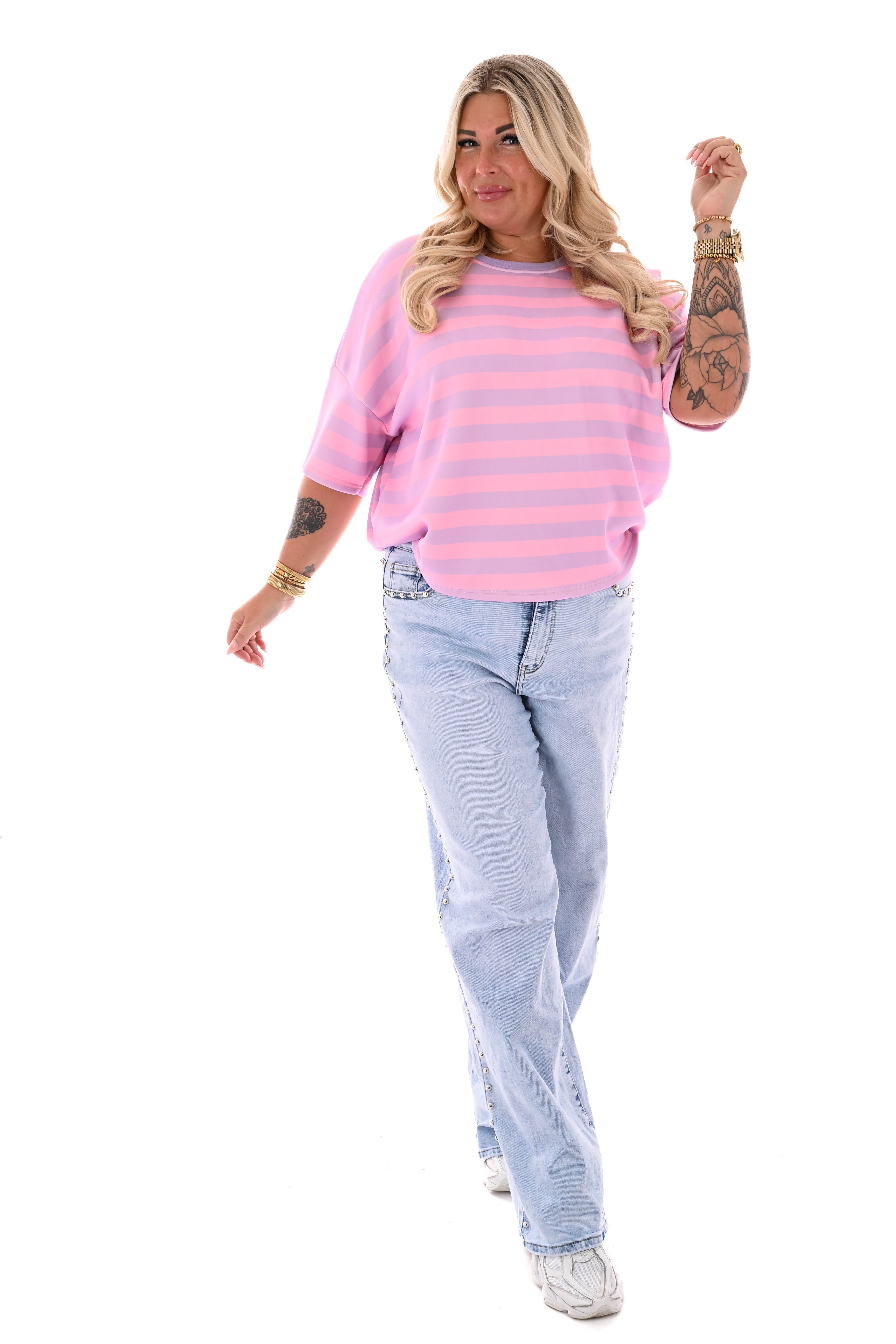 Sweater korte mouwen strepen lichtroze/lila