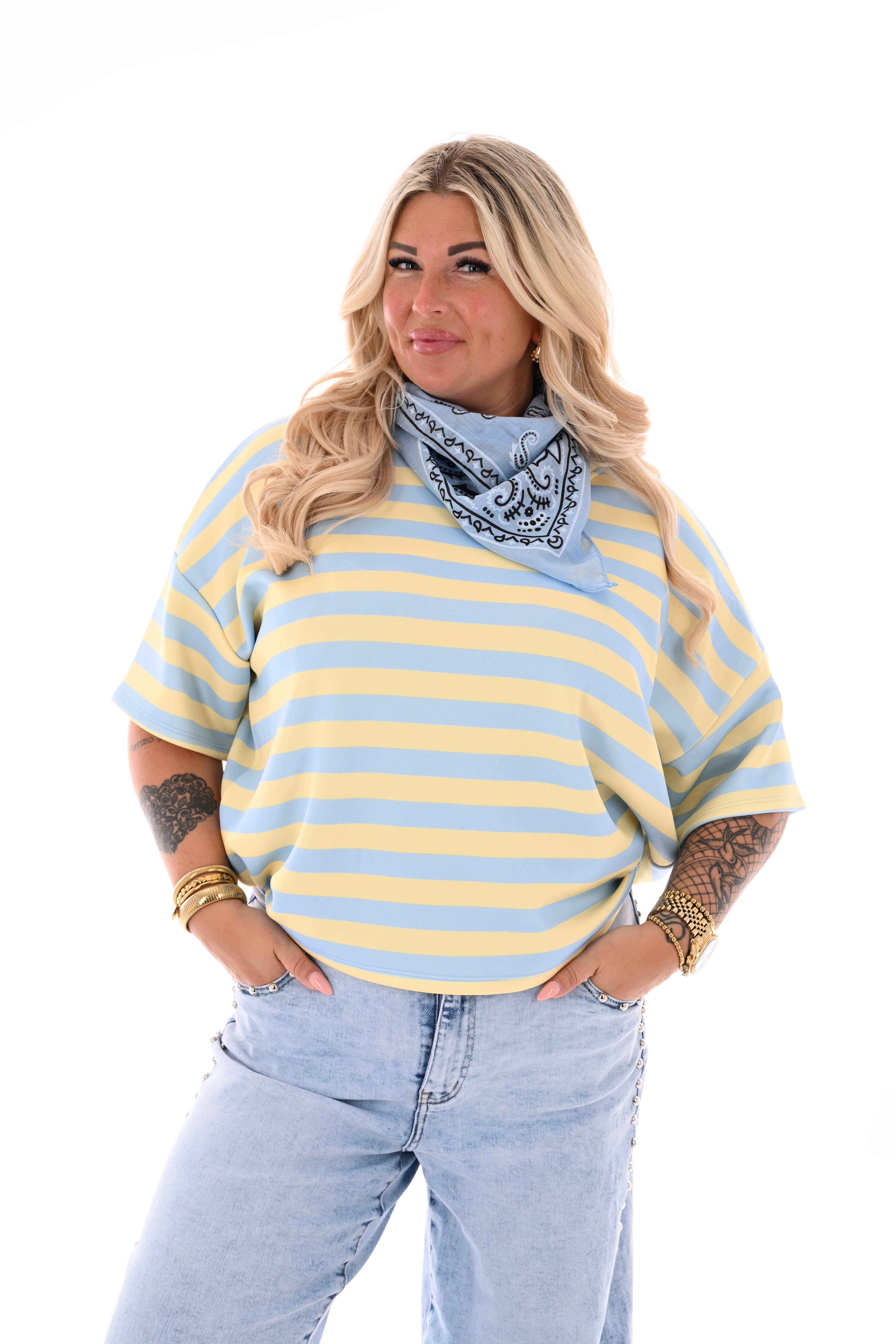 Sweater korte mouwen strepen lichtblauw/lichtgeel