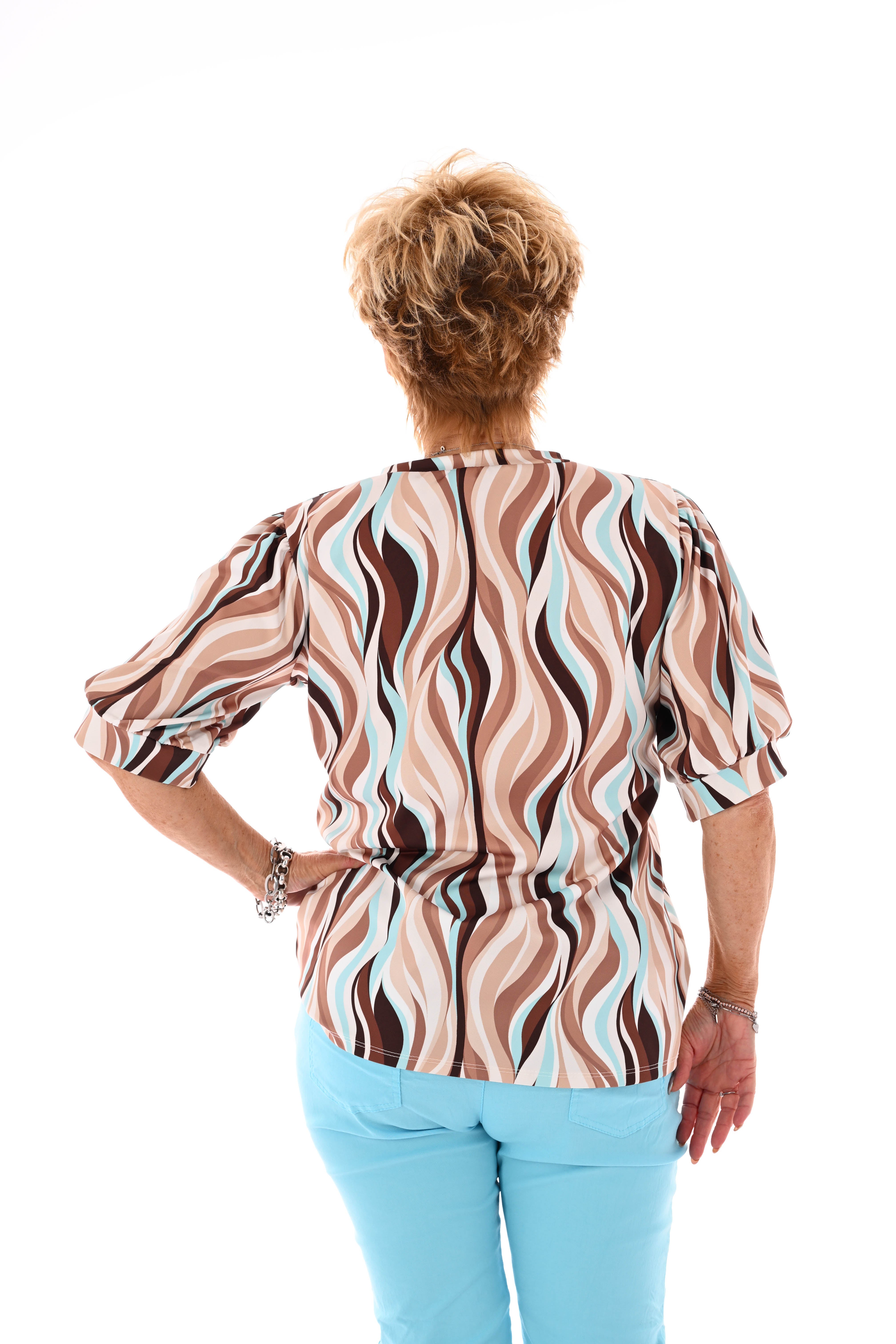 Travel shirt korte mouwen v-hals wave patroon bruin/beige