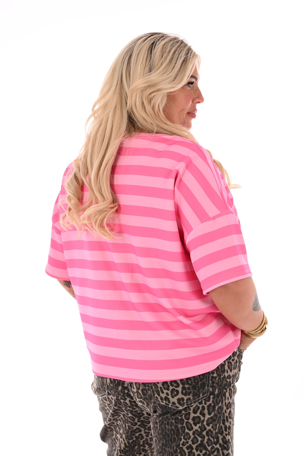 Sweater korte mouwen strepen lichtroze/roze
