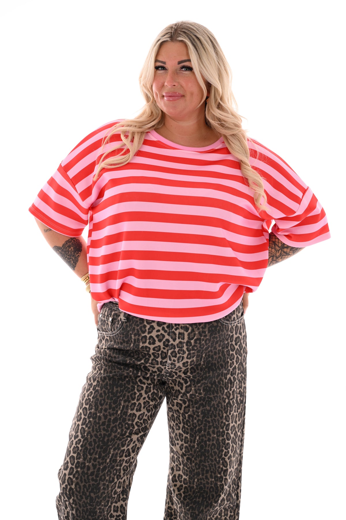 Sweater korte mouwen strepen lichtroze/rood