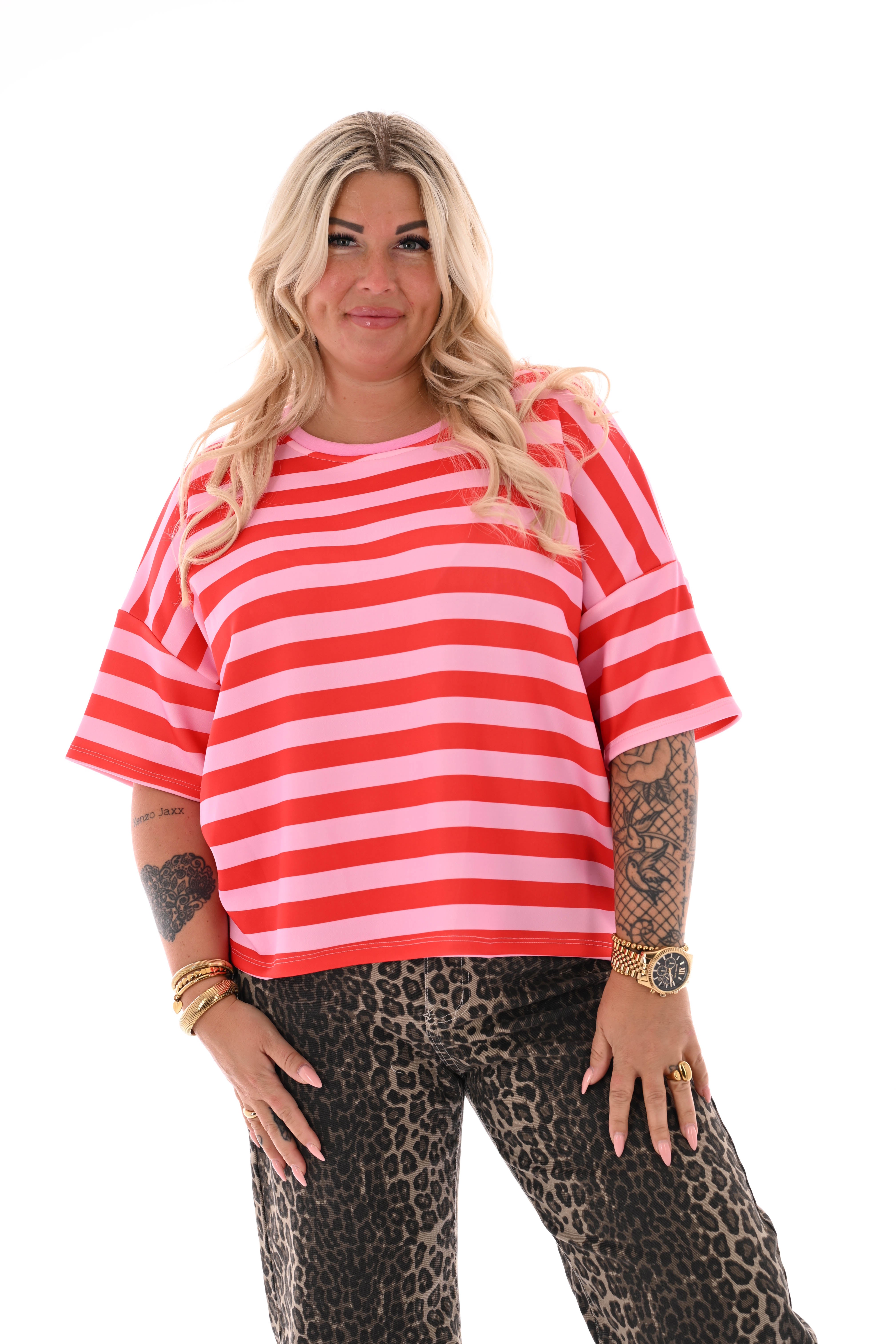 Sweater korte mouwen strepen lichtroze/rood